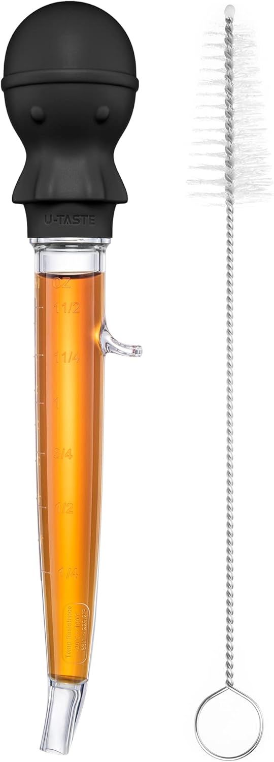 1.5oz Heat Resistant Angled Turkey Baster Set with Cleaning Brush - Food Grade Tritan/Silicone, Large Octopus Bulb, for Basting Meat/Poultry - Black