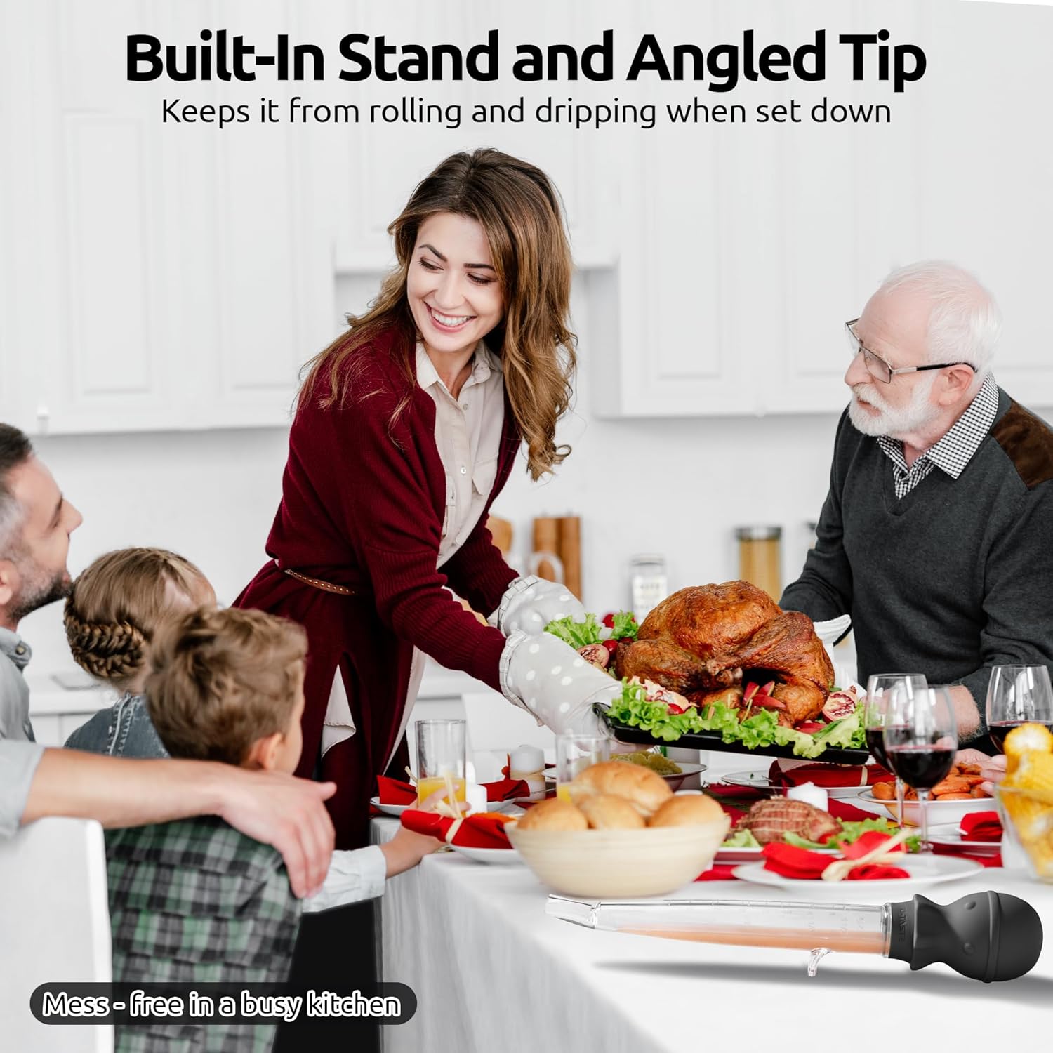 1.5oz Heat Resistant Angled Turkey Baster Set with Cleaning Brush - Food Grade Tritan/Silicone, Large Octopus Bulb, for Basting Meat/Poultry - Black