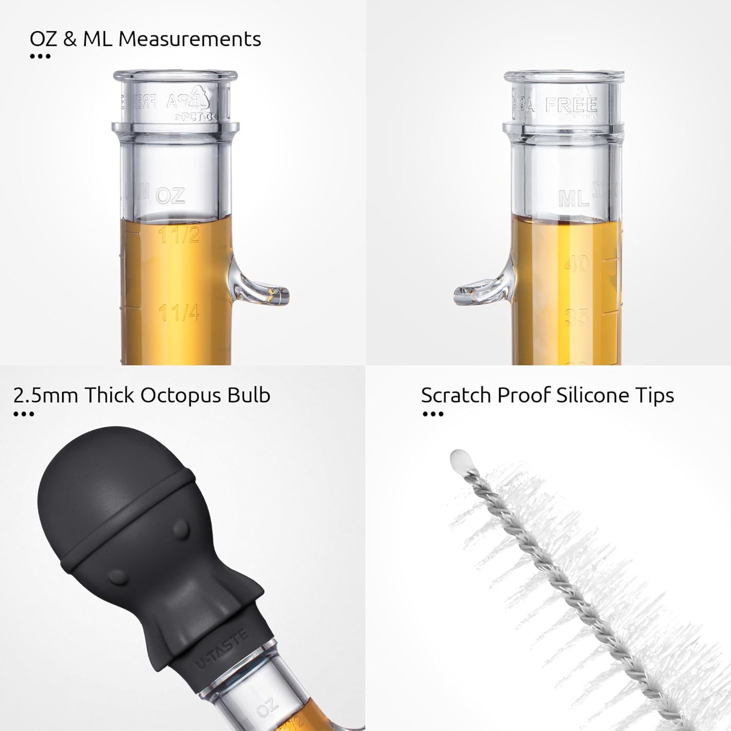 1.5oz Heat Resistant Angled Turkey Baster Set with Cleaning Brush - Food Grade Tritan/Silicone, Large Octopus Bulb, for Basting Meat/Poultry - Black