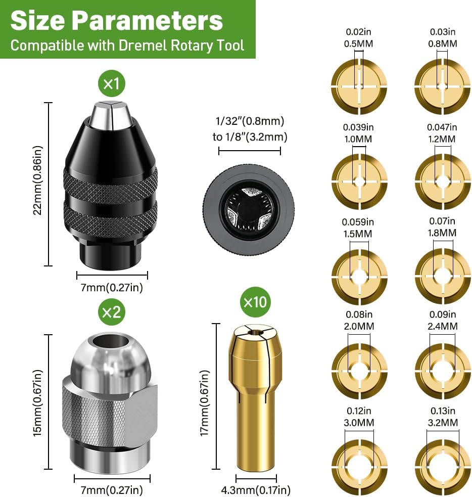 15PCS FOTYBEI Drill Chuck Collet Set for Dremel, 0.8-3.2mm Shank Replacement Kit with Keyless Quick Change Chuck Accessory
