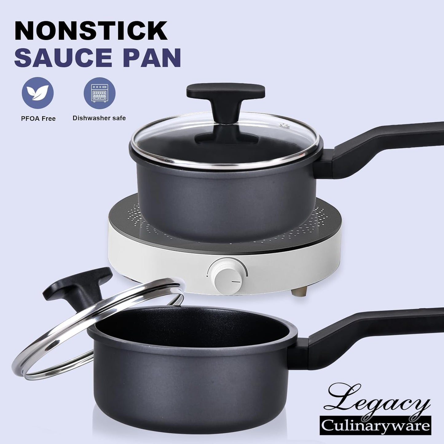 1.5QT Nonstick Sauce Pan with Lid - PFOA Free Induction Pot, Black