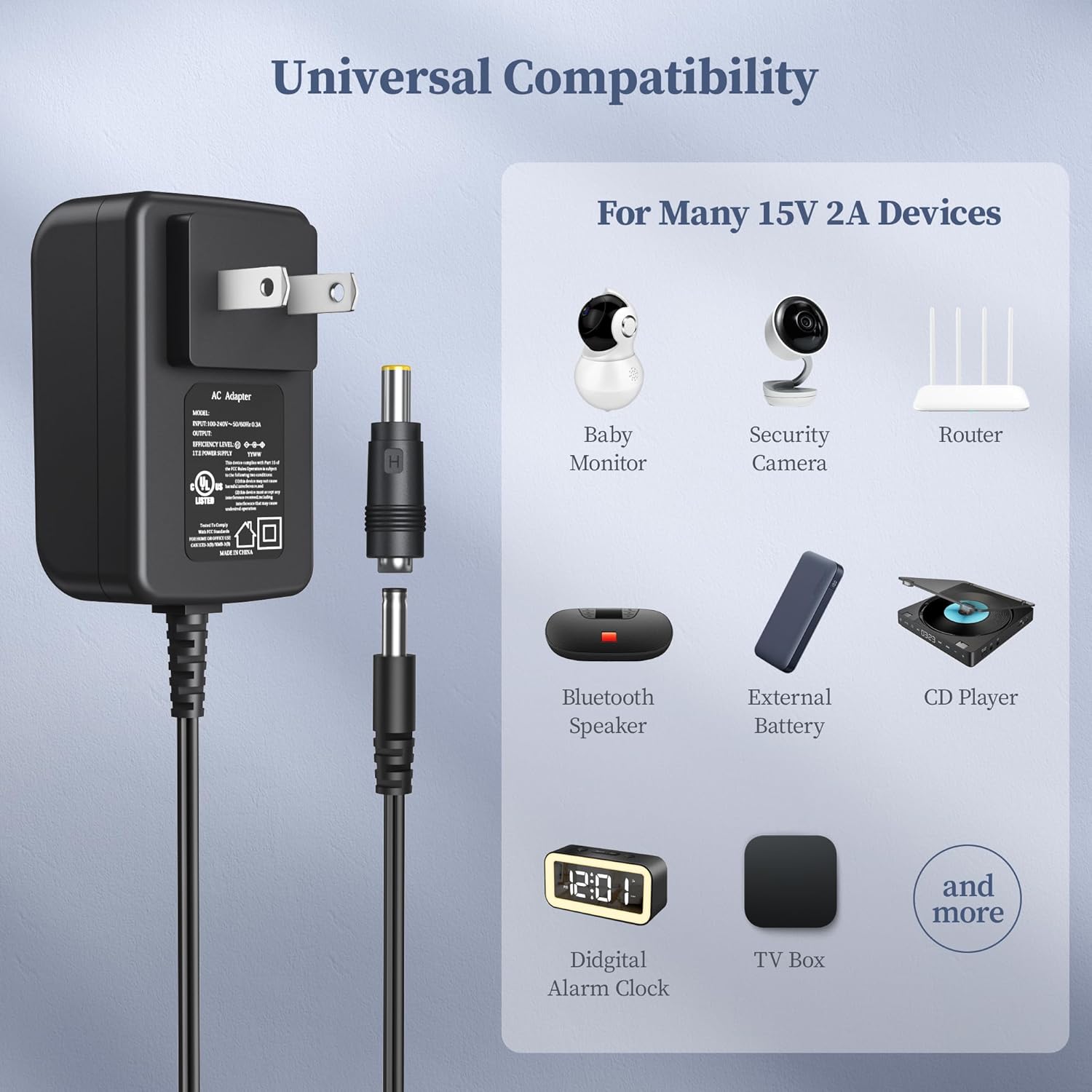 15V 2A Power Supply Charger with 10 Connectors - UL Certified Wall Plug Adapter for 100-240V Input