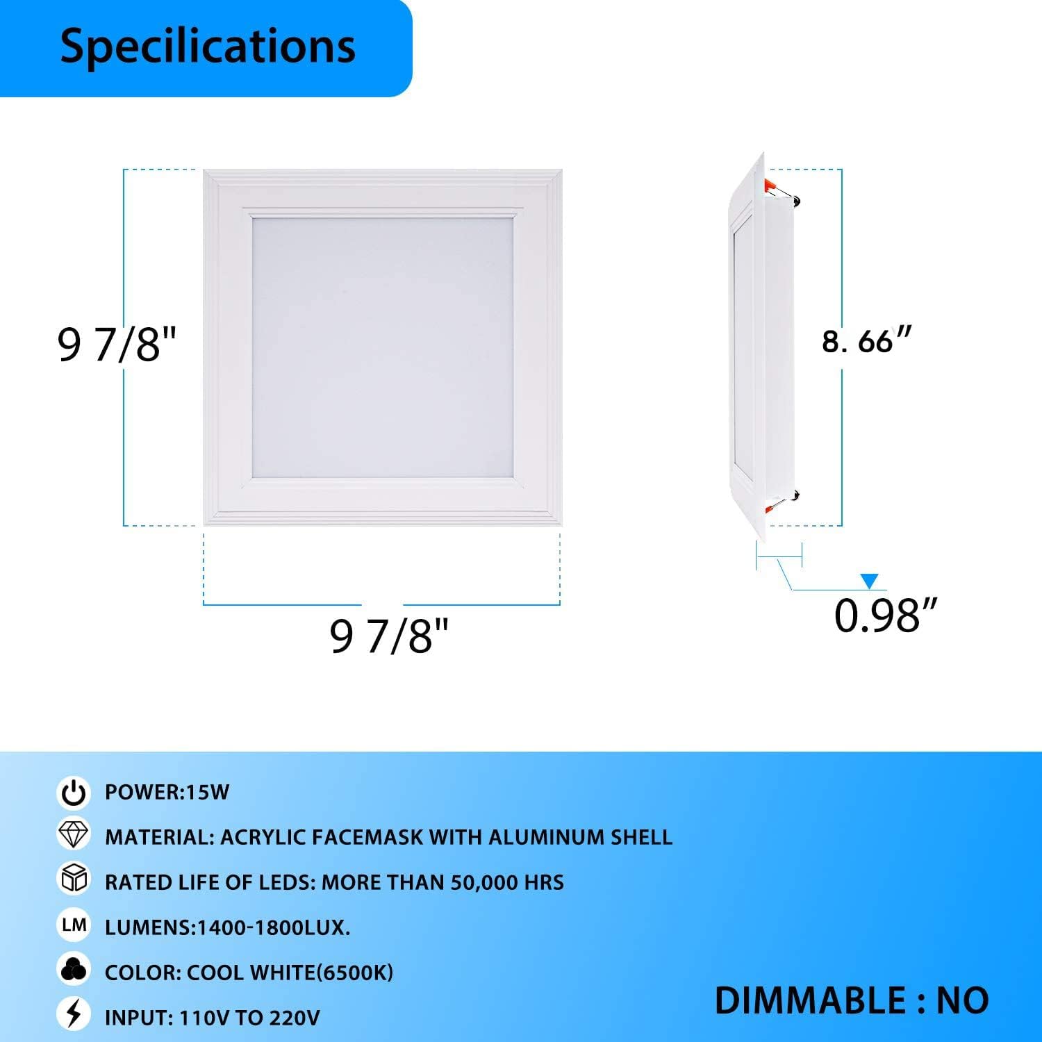 15W Square LED Recessed Ceiling Light with Open Trim - Cool White (6000K), 1400 Lumens, OD 9.84", ID 8.66" - 1 Pack