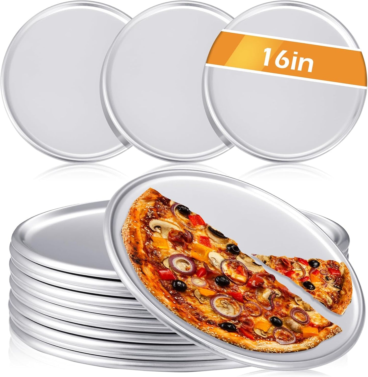16 Inch Aluminum Pizza Pan Set for Baking in Home Kitchen or Restaurant - 12 Piece Rust-Free Pizza & Cake Tray Bulk Pack, Easy to Clean