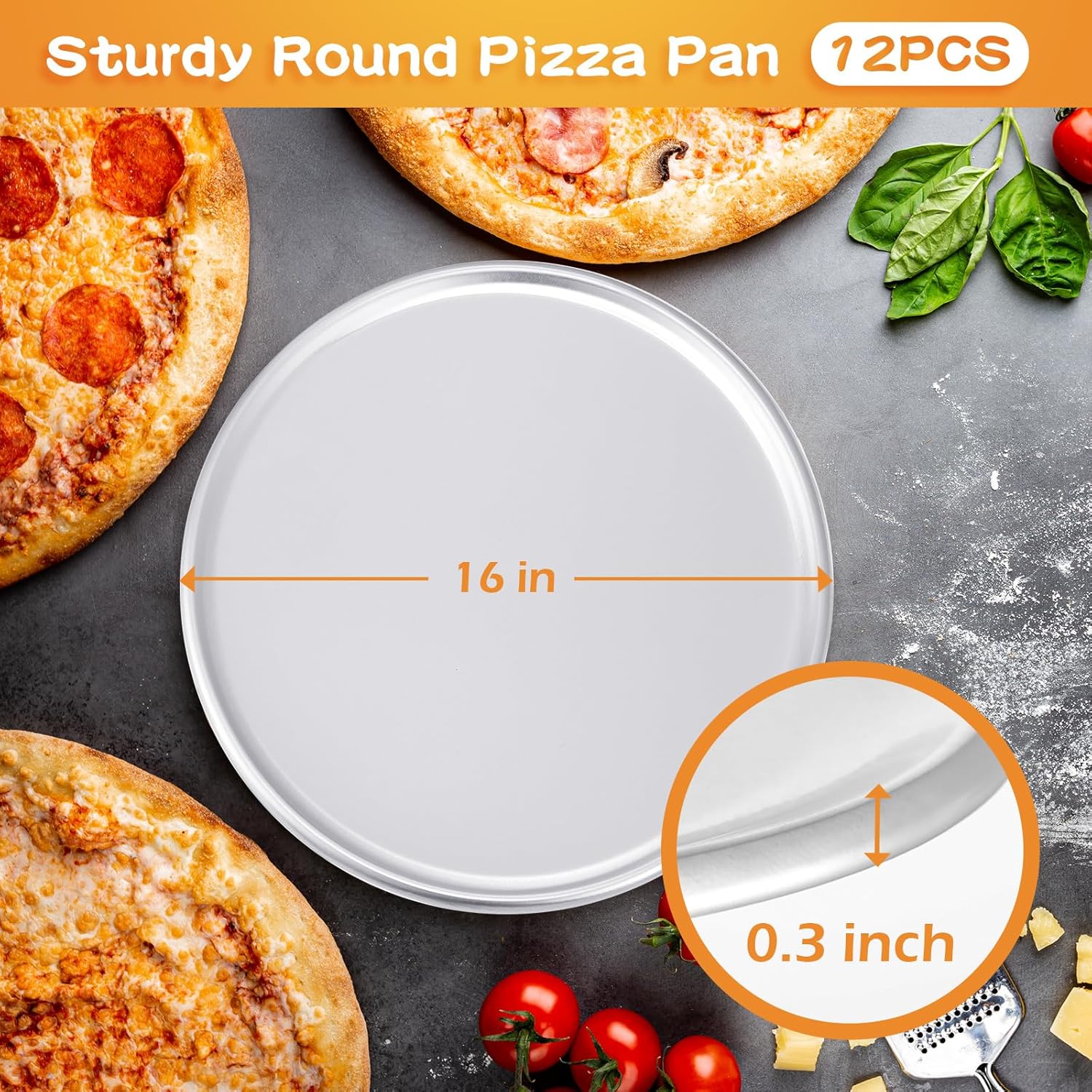 16 Inch Aluminum Pizza Pan Set for Baking in Home Kitchen or Restaurant - 12 Piece Rust-Free Pizza & Cake Tray Bulk Pack, Easy to Clean