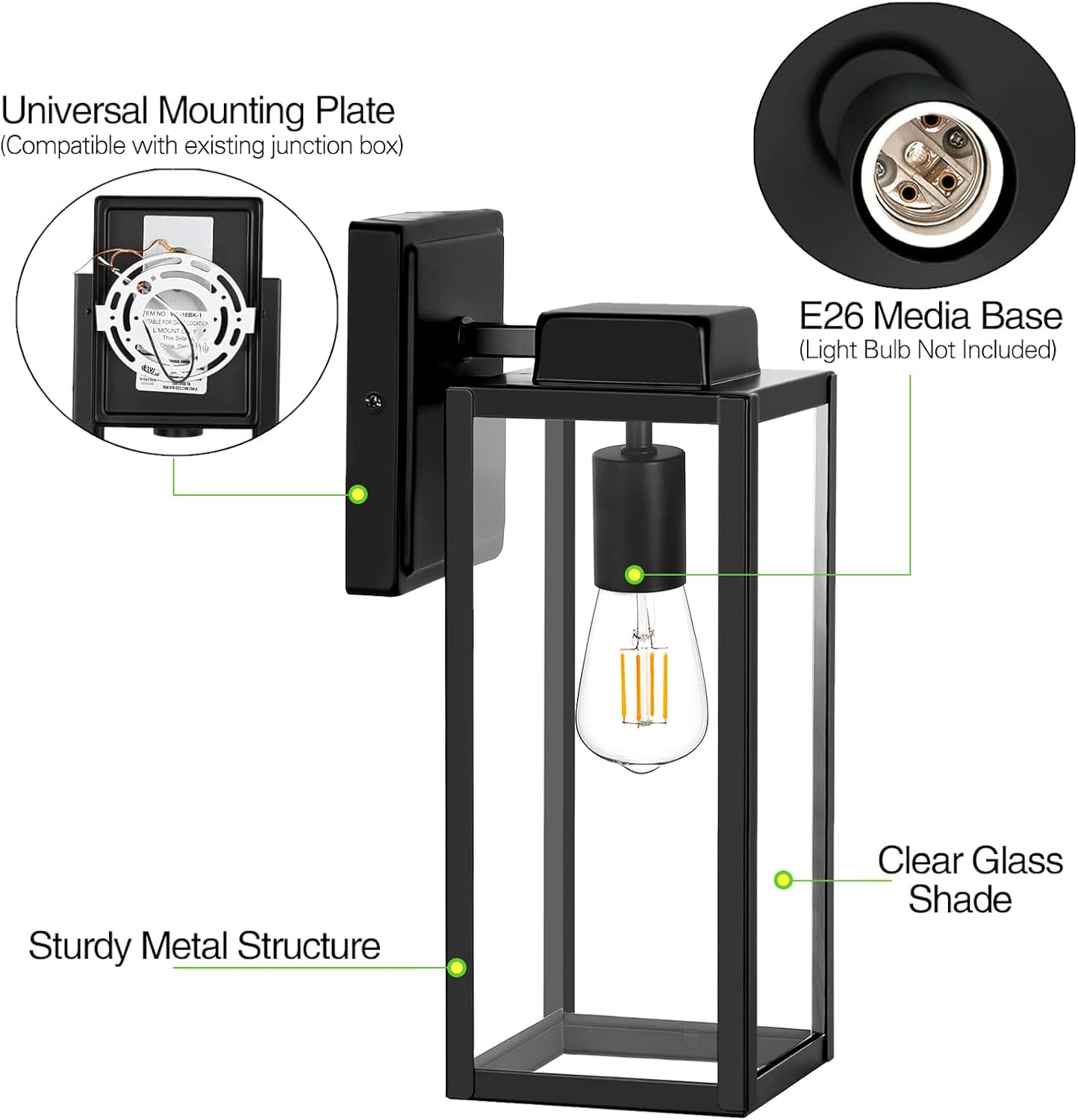 16 Inch Large Outdoor Wall Lantern with Glass Shade - Waterproof Exterior Wall Sconce for Porch & Front Door - Anti-Rust Wall Mounted Lighting with E26 Socket by Hykolity