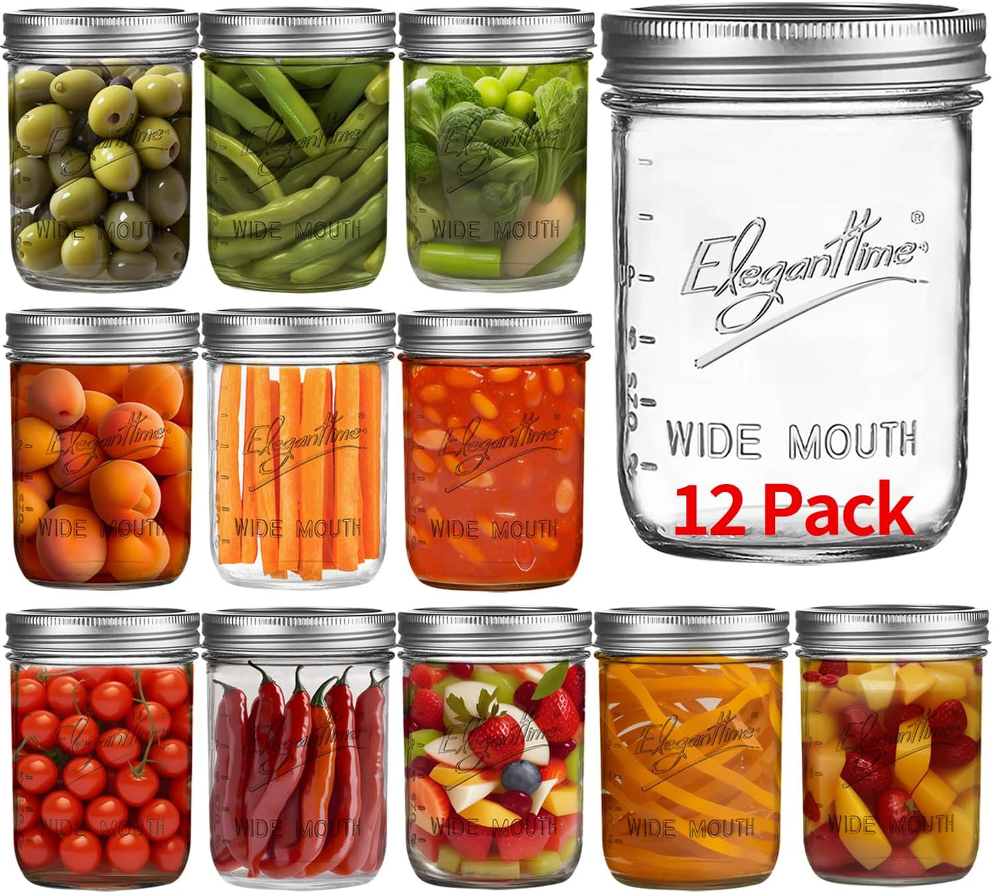 16 oz Wide Mouth Mason Jars - 12 Pack Canning Jars with Lids for Candles, Home Decor, Overnight Oats, Fruit Preserves - Airtight Glass Containers