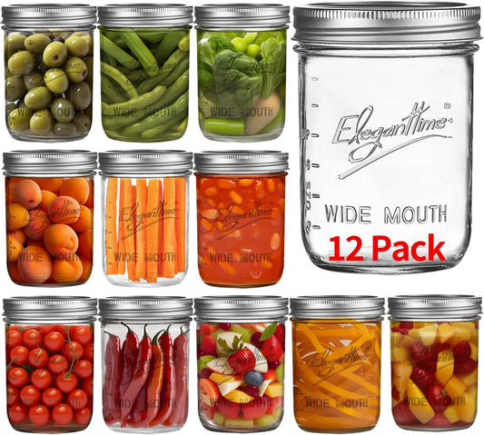 16 oz Wide Mouth Mason Jars - 12 Pack Canning Jars with Lids for Candles, Home Decor, Overnight Oats, Fruit Preserves - Airtight Glass Containers