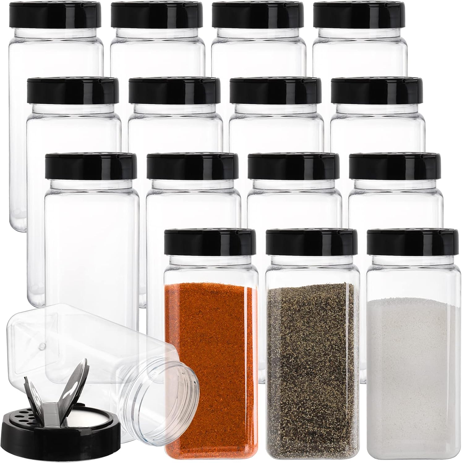 16 Pack 21 Oz Plastic Spice Jars with Shaker/Pourer Lids - Square Empty Seasoning Containers for Dry Food, Condiments, Herbs
