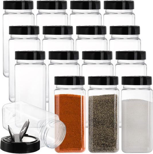 16 Pack 21 Oz Plastic Spice Jars with Shaker/Pourer Lids - Square Empty Seasoning Containers for Dry Food, Condiments, Herbs