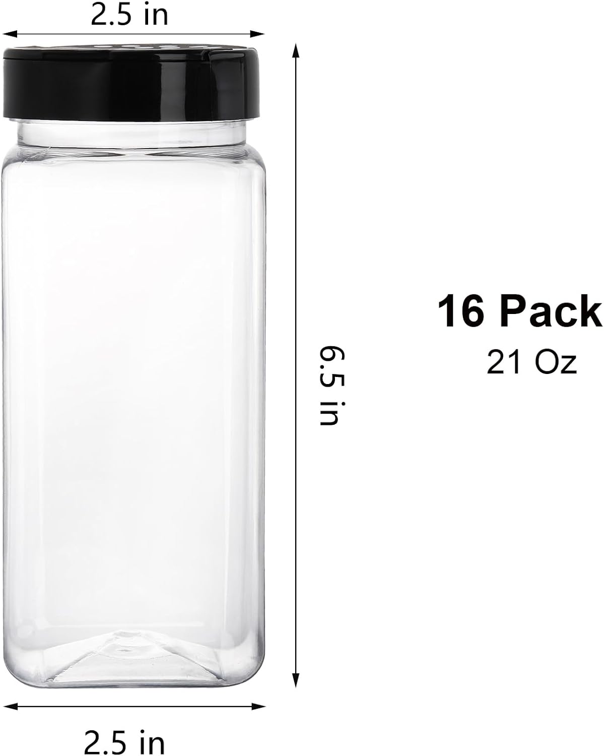 16 Pack 21 Oz Plastic Spice Jars with Shaker/Pourer Lids - Square Empty Seasoning Containers for Dry Food, Condiments, Herbs