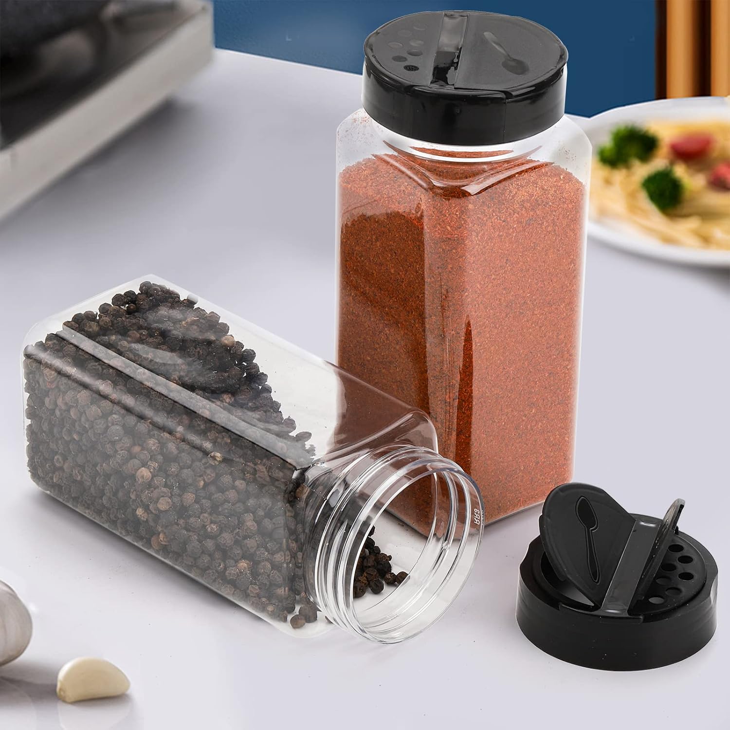 16 Pack 21 Oz Plastic Spice Jars with Shaker/Pourer Lids - Square Empty Seasoning Containers for Dry Food, Condiments, Herbs