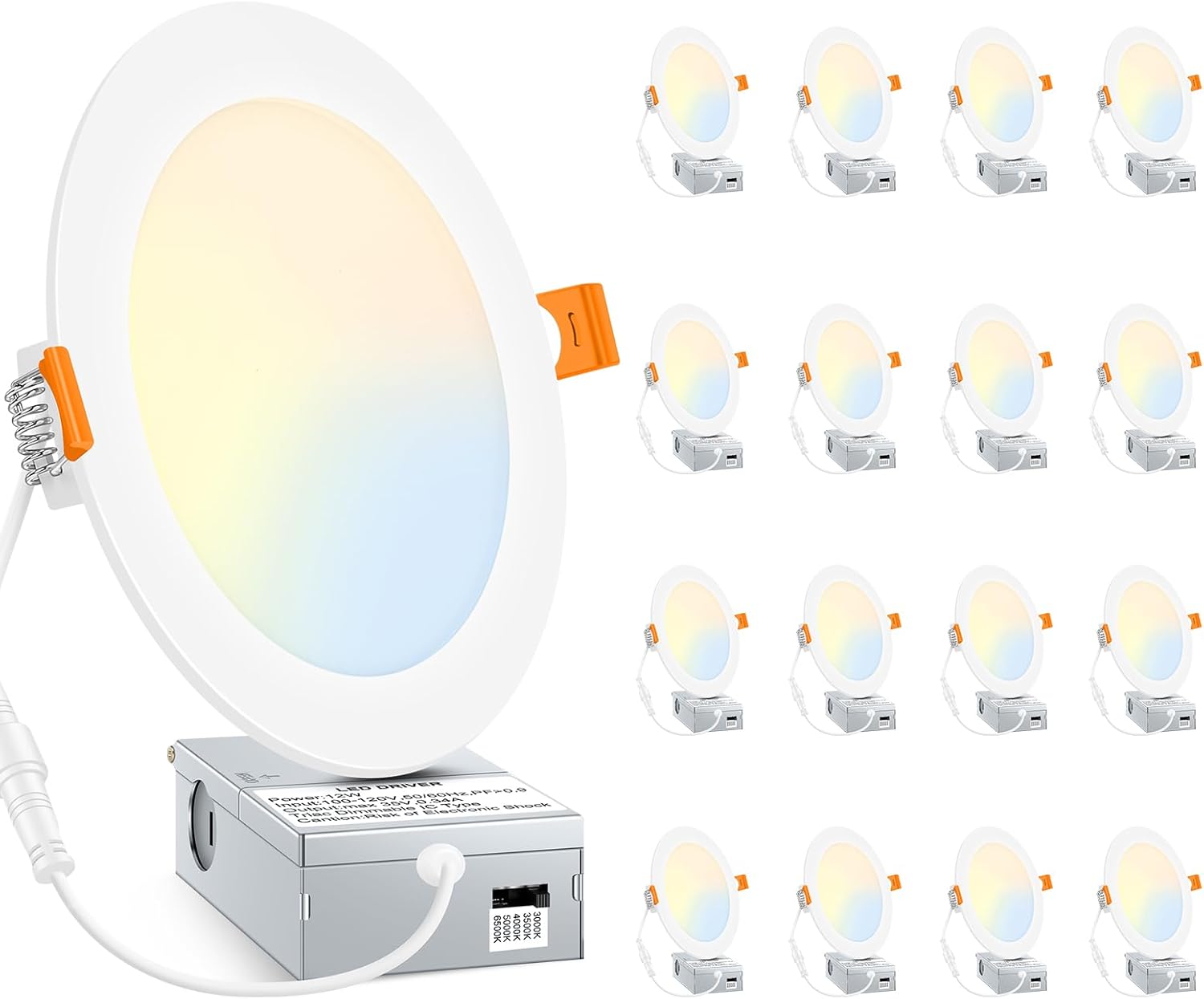 16-Pack BesLowe 6-Inch Ultra-Thin LED Recessed Ceiling Lights with Junction Box - 12W 150W Eqv, 5CCT Options, 1200LM Dimmable Downlights for Kitchen Hallway Dining Room