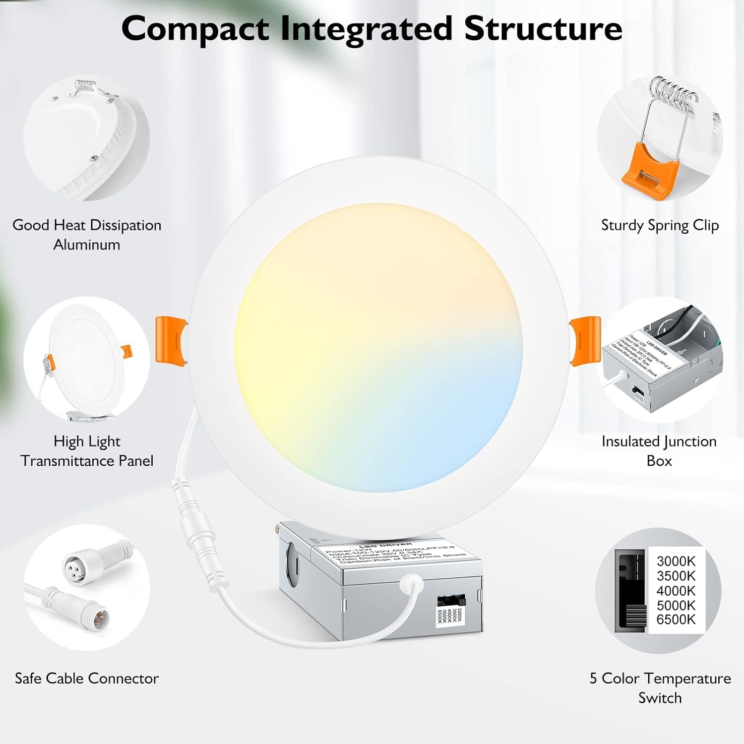 16-Pack BesLowe 6-Inch Ultra-Thin LED Recessed Ceiling Lights with Junction Box - 12W 150W Eqv, 5CCT Options, 1200LM Dimmable Downlights for Kitchen Hallway Dining Room