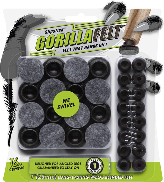 16 Pack Slipstick GorillaFelt Swivel Glide Felt Chair Sliders for Angled or Straight Furniture Legs - 1 Inch Round Felt Glides - CB259-16