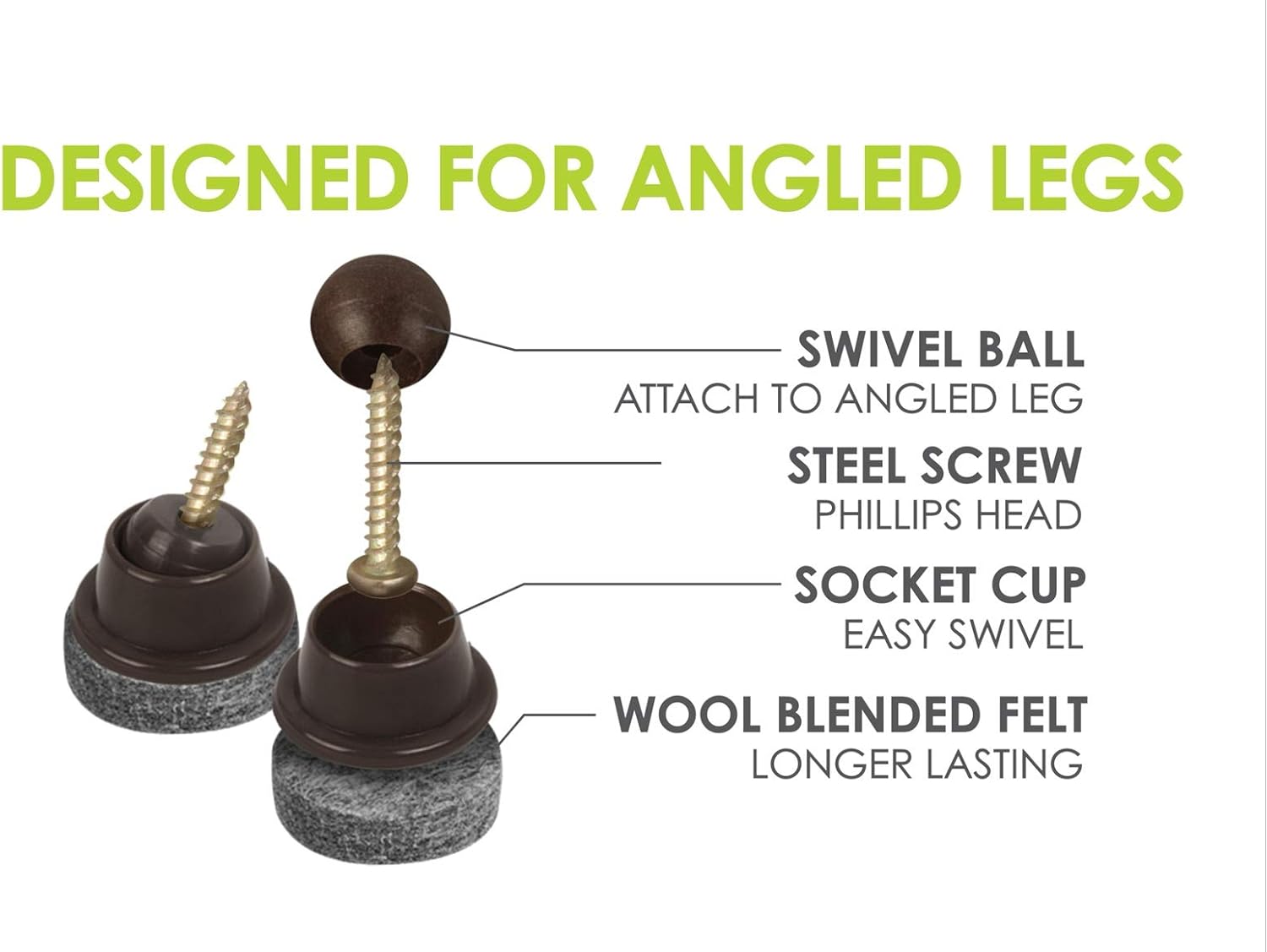 16 Pack Slipstick GorillaFelt Swivel Glide Felt Chair Sliders for Angled or Straight Furniture Legs - 1 Inch Round Felt Glides - CB259-16