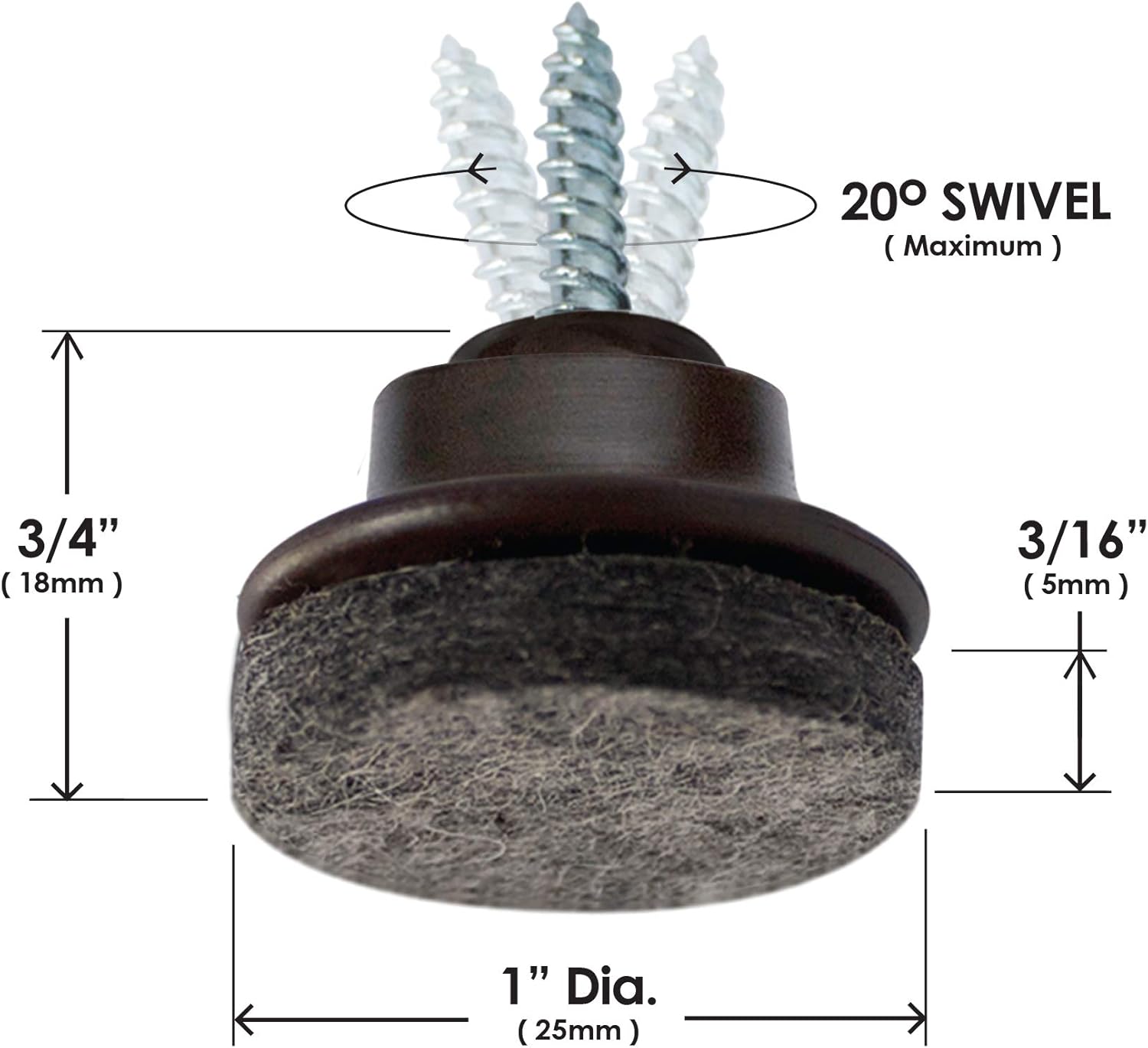 16 Pack Slipstick GorillaFelt Swivel Glide Felt Chair Sliders for Angled or Straight Furniture Legs - 1 Inch Round Felt Glides - CB259-16