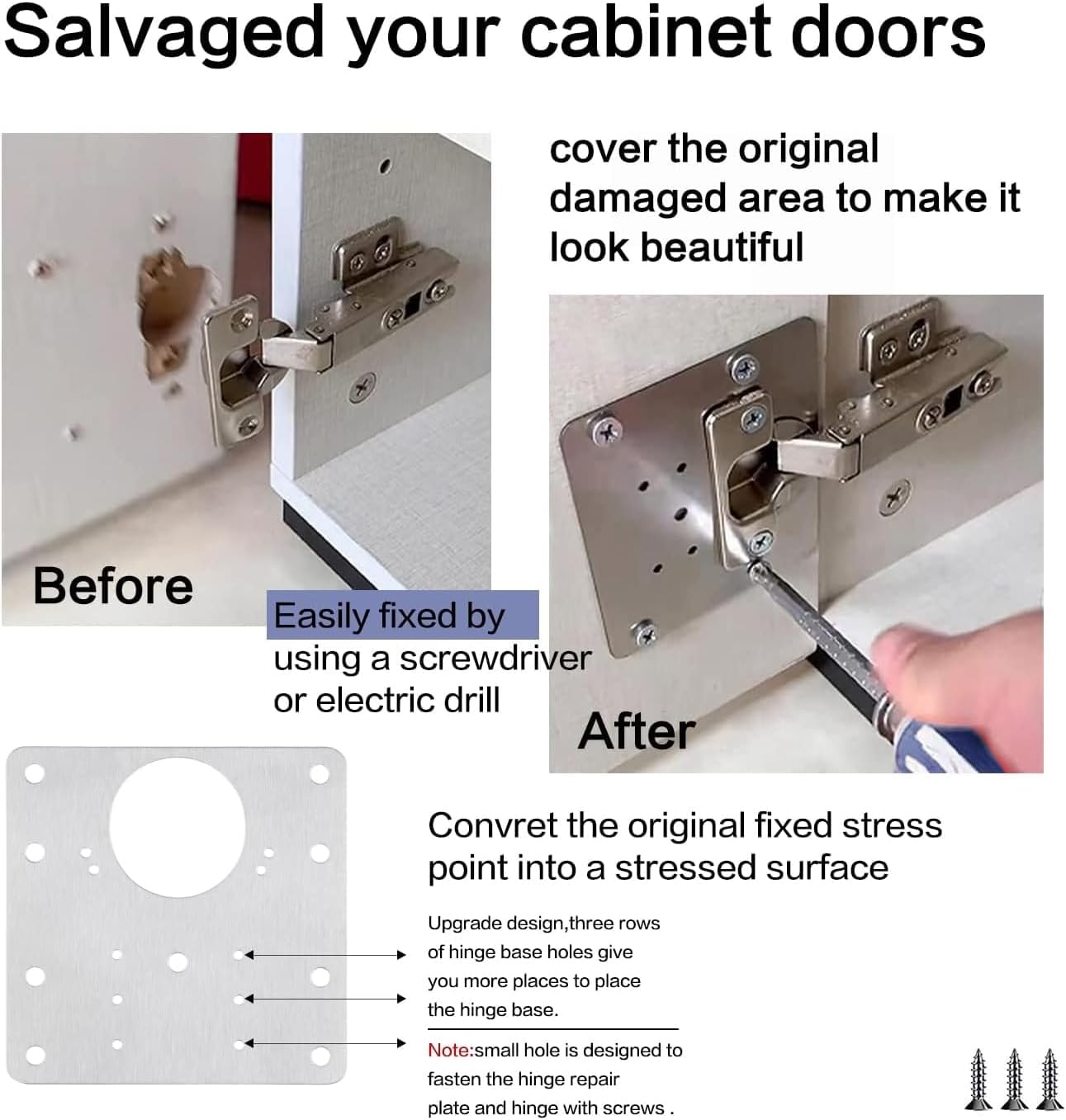 16 Pack Stainless Steel Cabinet Hinge Repair Plate Kit with Mounting Screws - Protect Wooden Kitchen Cabinet Door with Hinge Repair Brackets