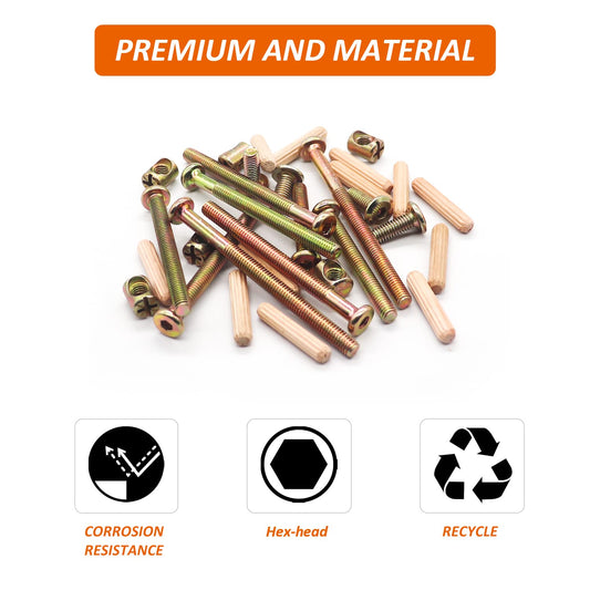 16-Piece Crib Hardware Replacement Kit - M6x16/40/60/80 mm Hex Drive Socket Cap Screws Nuts for Baby Bed Frames, Headboards, Chairs, Furniture - Includes Barrel Nuts & Wooden Dowel Pins