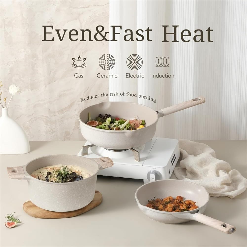 16 Piece Non-Stick Granite Pots and Pans Set - Large Capacity Kitchen Cookware Collection for Induction Cooktops