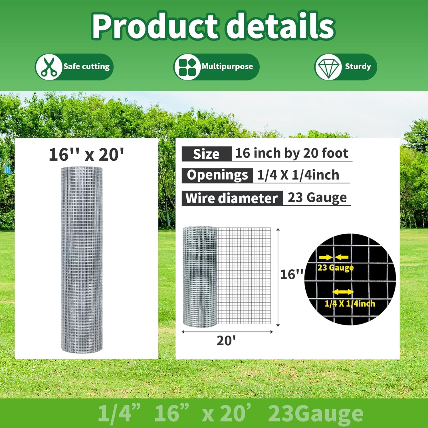 16'' x 20' 1/4 inch 23 Gauge Hardware Cloth, Hot-dip Galvanized Chicken Coop Wire Fence Mesh Roll