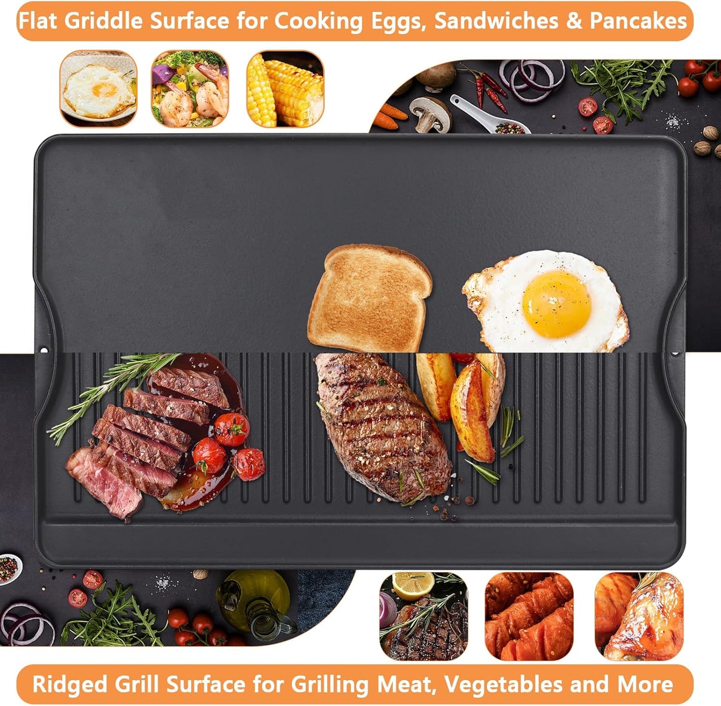 16" x 24" Large Cast Iron Flat Top Griddle Plate for Gas Grill and Oven - Reversible Pre-Seasoned Griddle Pan for Outdoor Cooking