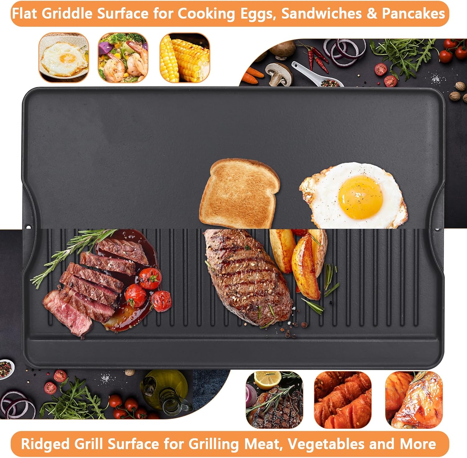 16" x 24" Large Cast Iron Flat Top Griddle Plate for Gas Grill and Oven - Reversible Pre-Seasoned Griddle Pan for Outdoor Cooking