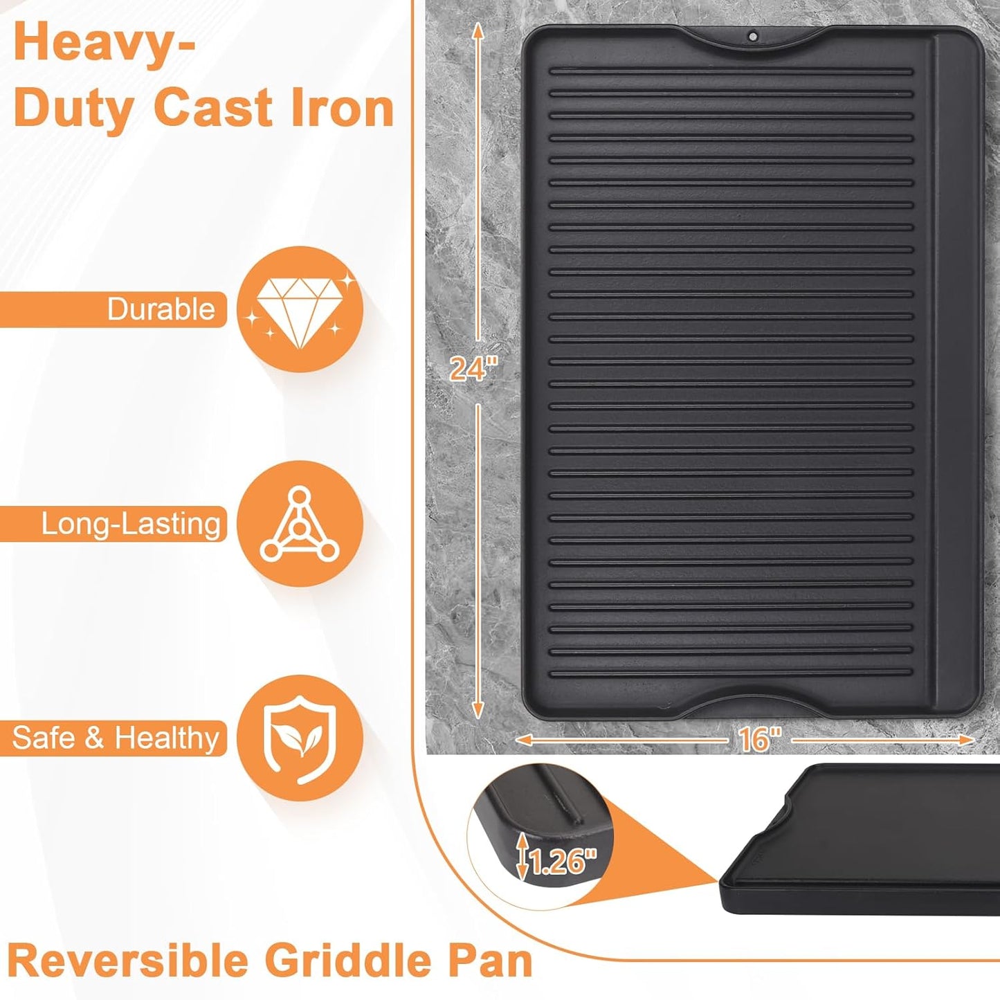 16" x 24" Large Cast Iron Flat Top Griddle Plate for Gas Grill and Oven - Reversible Pre-Seasoned Griddle Pan for Outdoor Cooking