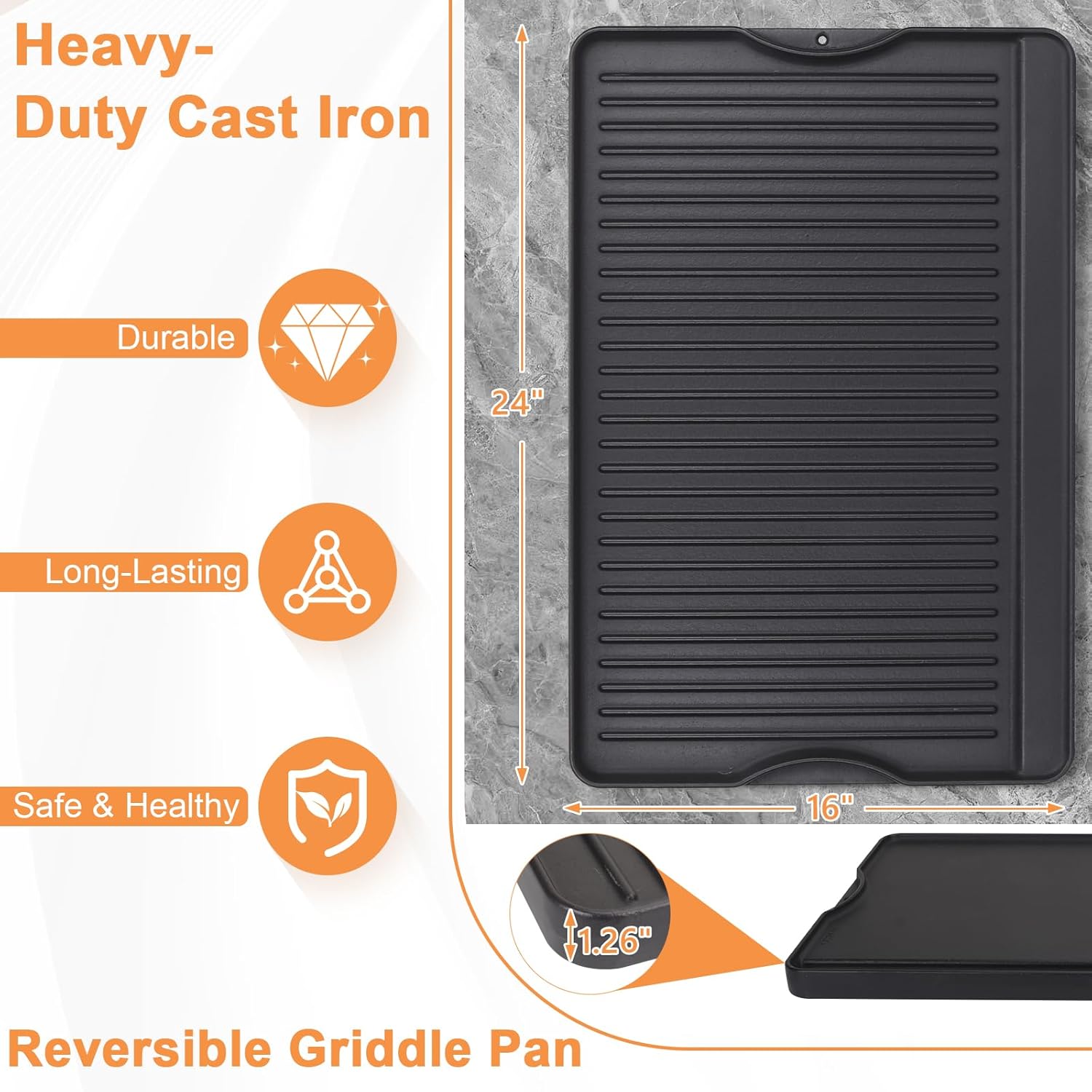 16" x 24" Large Cast Iron Flat Top Griddle Plate for Gas Grill and Oven - Reversible Pre-Seasoned Griddle Pan for Outdoor Cooking
