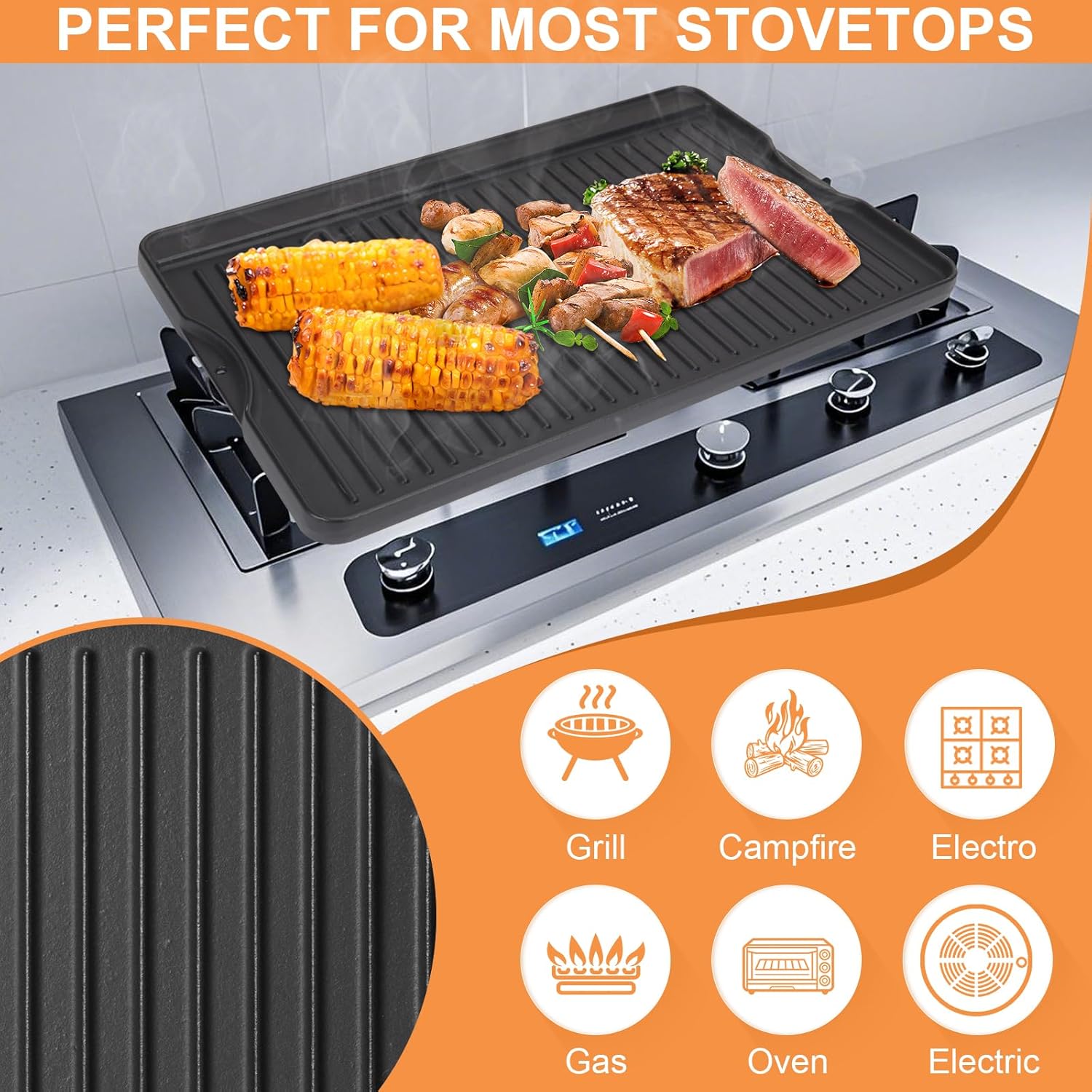 16" x 24" Large Cast Iron Flat Top Griddle Plate for Gas Grill and Oven - Reversible Pre-Seasoned Griddle Pan for Outdoor Cooking