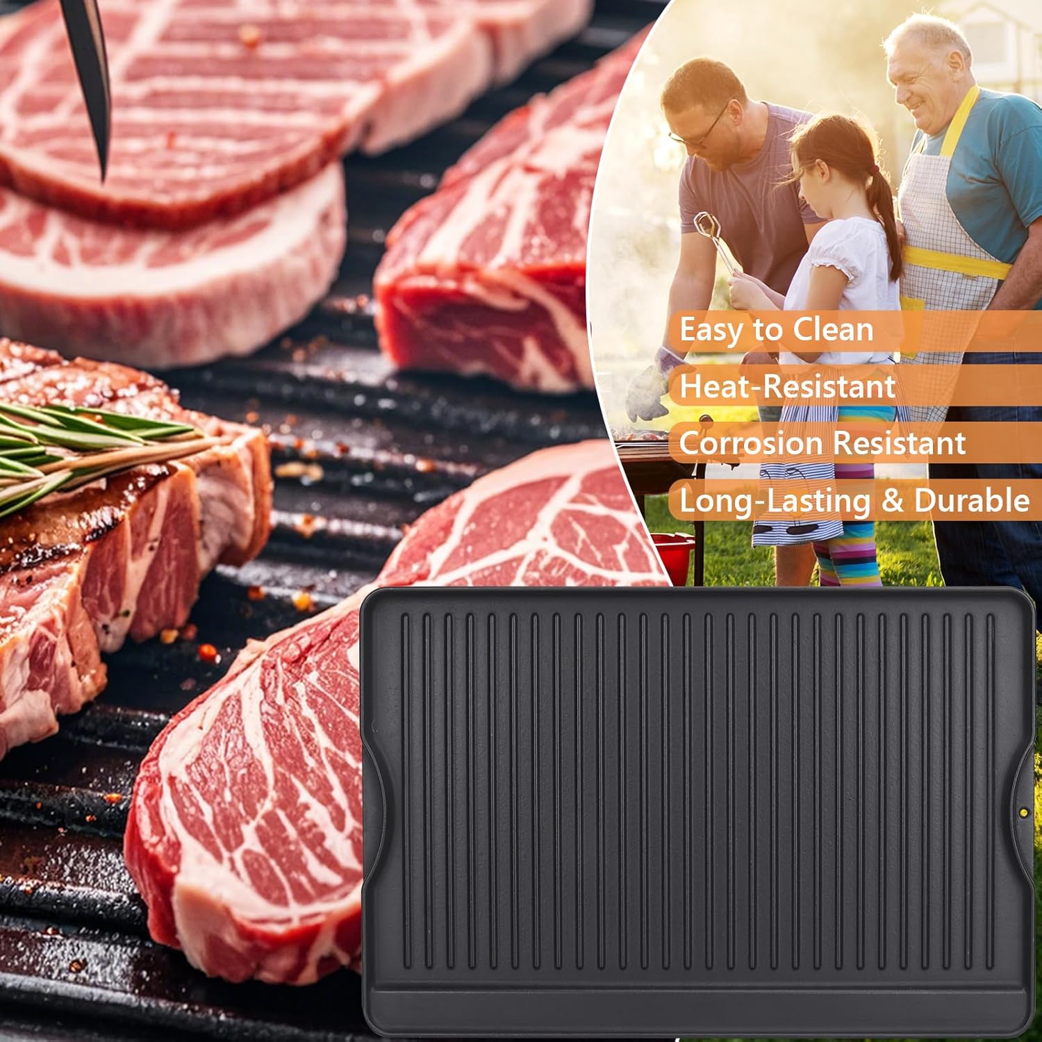 16" x 24" Large Cast Iron Flat Top Griddle Plate for Gas Grill and Oven - Reversible Pre-Seasoned Griddle Pan for Outdoor Cooking