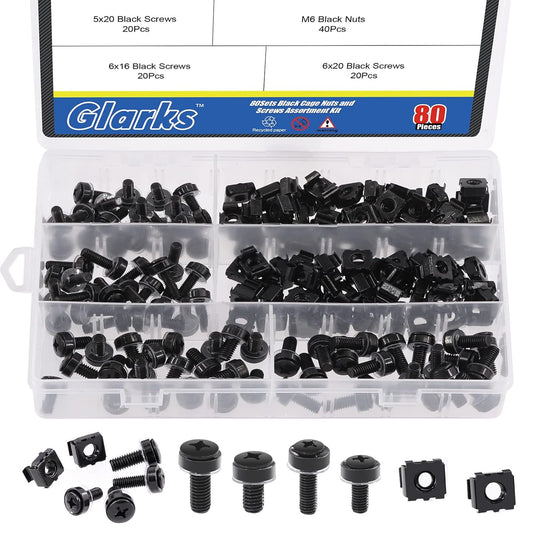 160-Piece M5 M6 Cage Nuts and Screws Set for Server Rack/Cabinet - Square Hole Hardware, Black - 80 Sets, M5 x 16mm/20mm, M6 x 16mm/20mm
