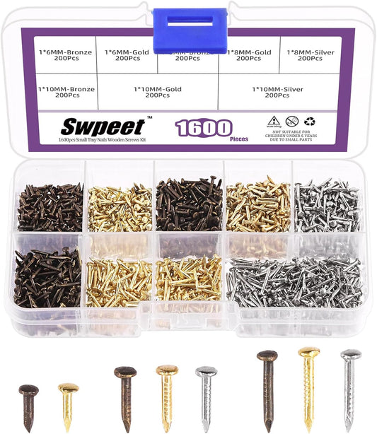 1600Pcs Small Hardware Tiny Nails Wooden Screws Assortment Kit - 3 Colors, 6mm 8mm 10mm - DIY Decorative Mini Nails Kit - Gold Silver Bronze - Common Nails Boxed