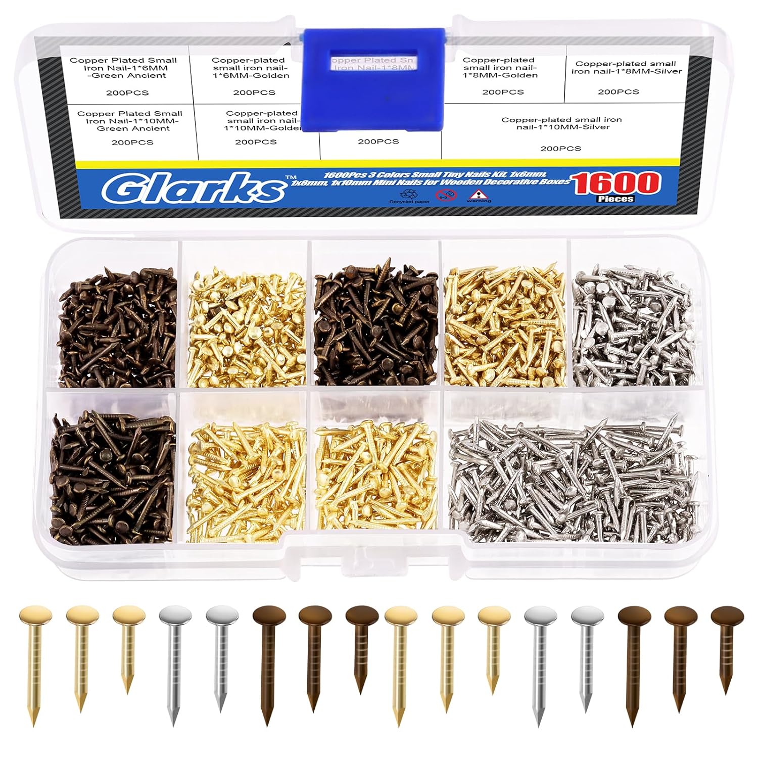 1600Pcs Small Tiny Nails Kit - Wooden, Screw, Gold, Silver, Bronze 1x6mm, 1x8mm, 1x10mm - DIY Hardware Accessories Installation