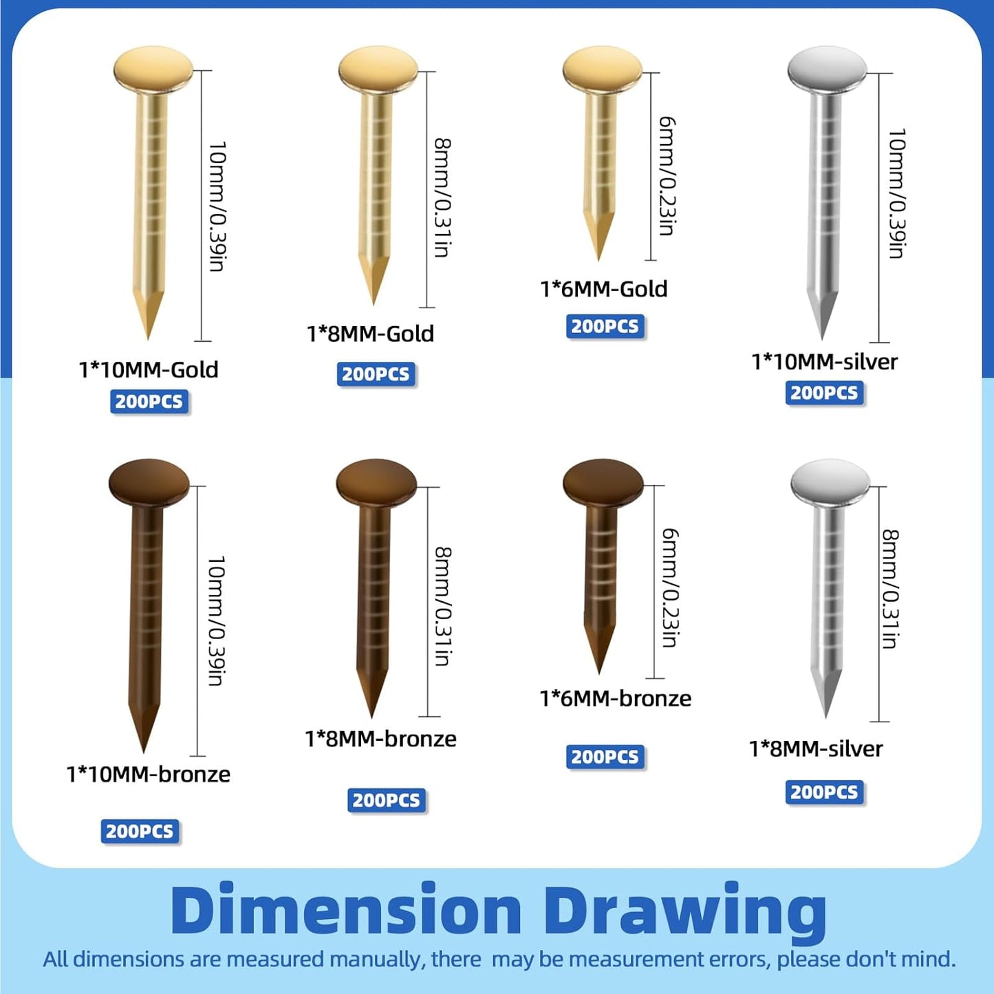 1600Pcs Small Tiny Nails Kit - Wooden, Screw, Gold, Silver, Bronze 1x6mm, 1x8mm, 1x10mm - DIY Hardware Accessories Installation