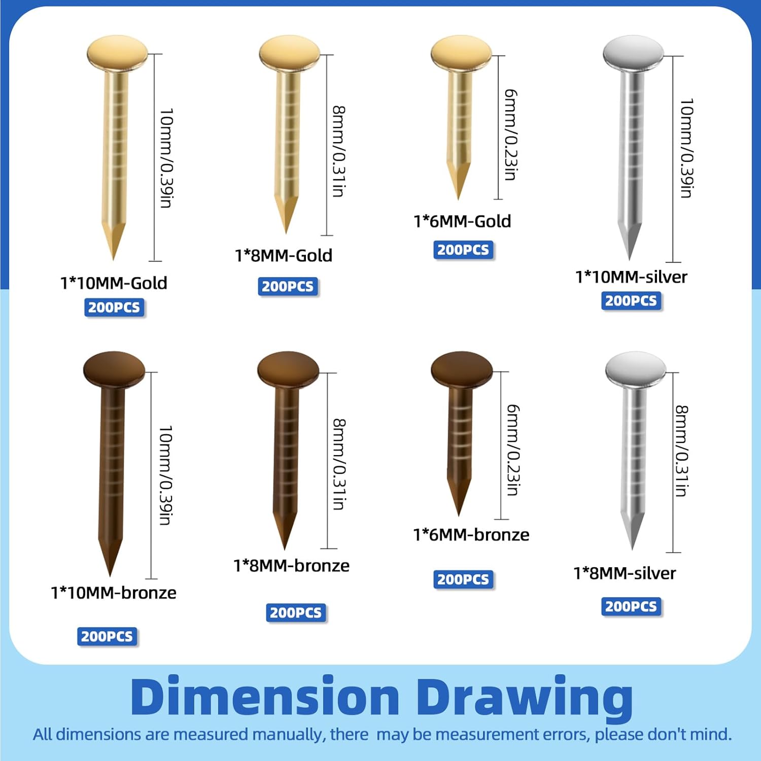 1600Pcs Small Tiny Nails Kit - Wooden, Screw, Gold, Silver, Bronze 1x6mm, 1x8mm, 1x10mm - DIY Hardware Accessories Installation