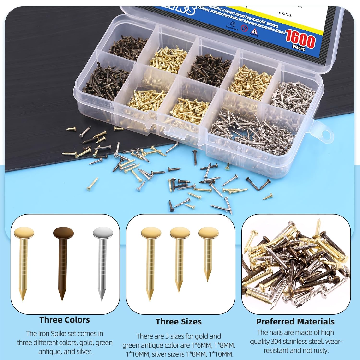 1600Pcs Small Tiny Nails Kit - Wooden, Screw, Gold, Silver, Bronze 1x6mm, 1x8mm, 1x10mm - DIY Hardware Accessories Installation