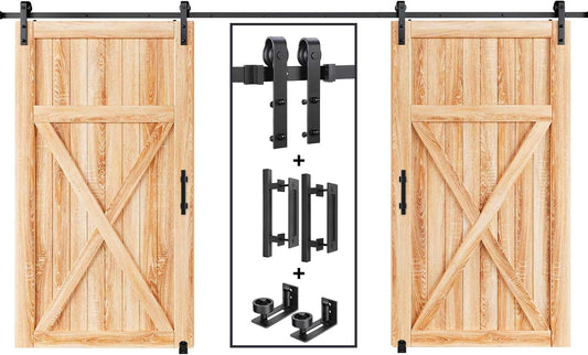 16FT Double Sliding Barn Door Track and Handle Hardware Kit - Heavy Duty J Pulley, Smooth and Quiet Slide, Easy Installation - Fits 44" to 48" Wide Doors