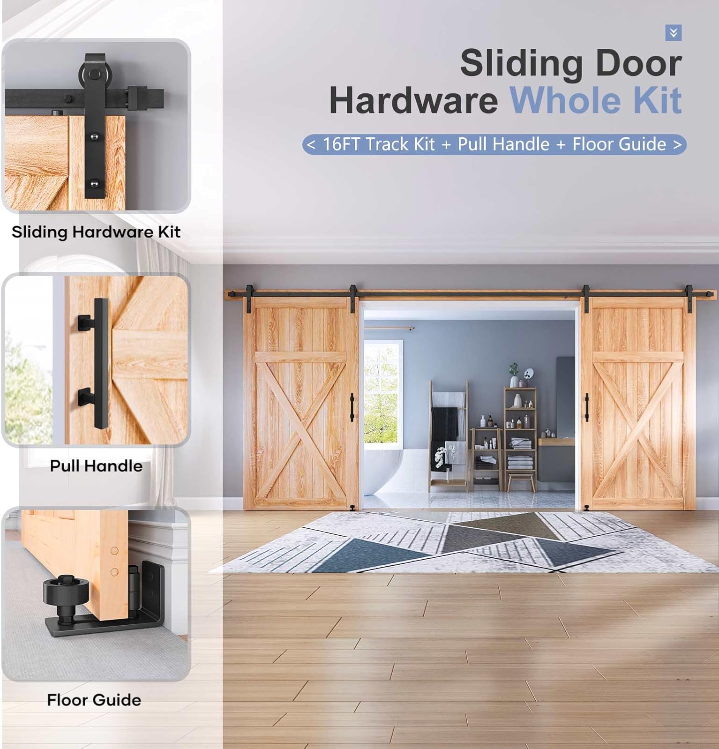 16FT Double Sliding Barn Door Track and Handle Hardware Kit - Heavy Duty J Pulley, Smooth and Quiet Slide, Easy Installation - Fits 44" to 48" Wide Doors