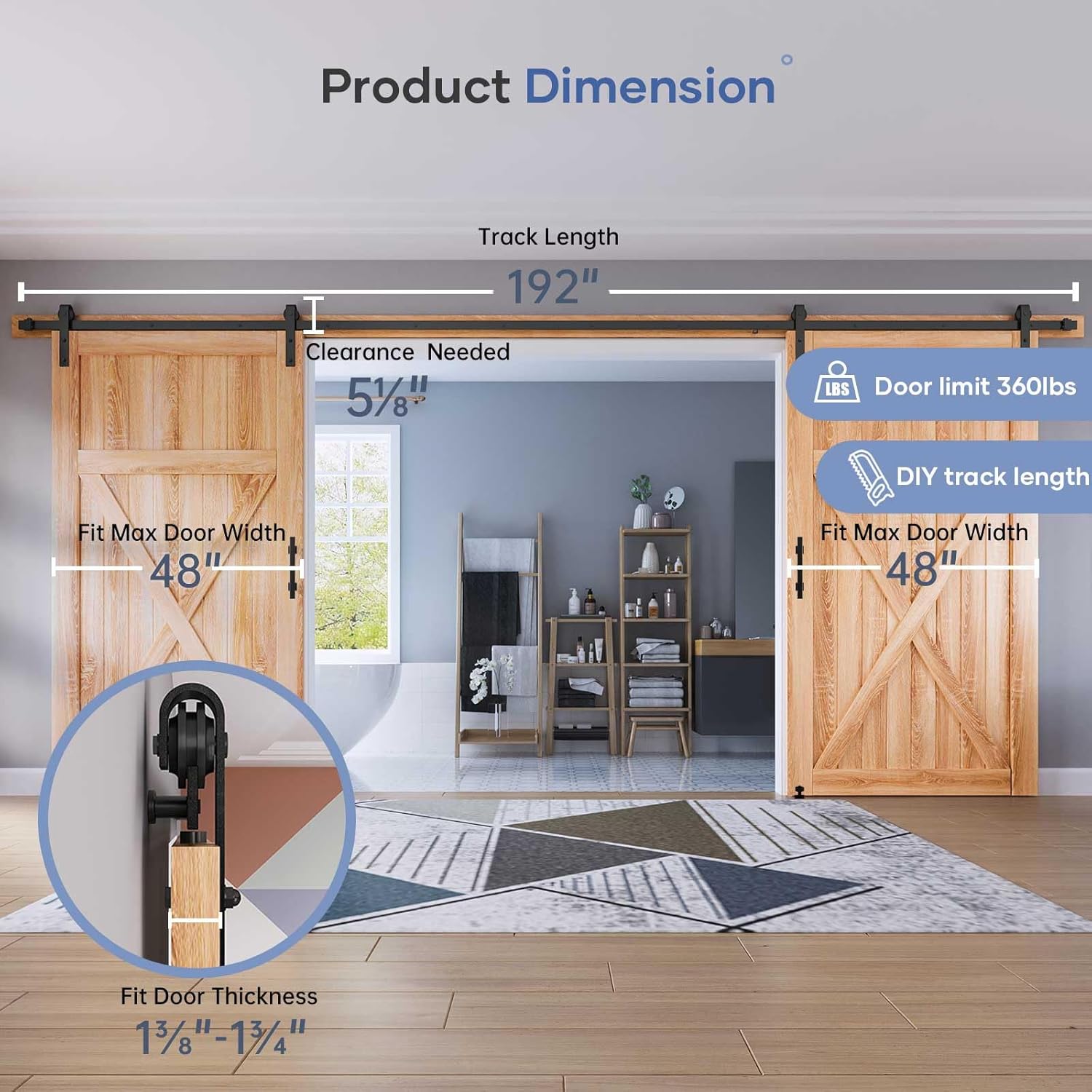 16FT Double Sliding Barn Door Track and Handle Hardware Kit - Heavy Duty J Pulley, Smooth and Quiet Slide, Easy Installation - Fits 44" to 48" Wide Doors
