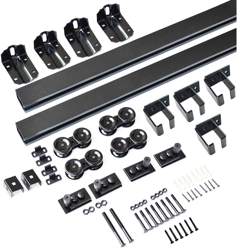16FT Heavy Duty Ceiling Mount Double Sliding Barn Door Hardware Kit for Exterior Use - Max 300lbs Load - Fits 2 X48 in Doors - Hardware Only