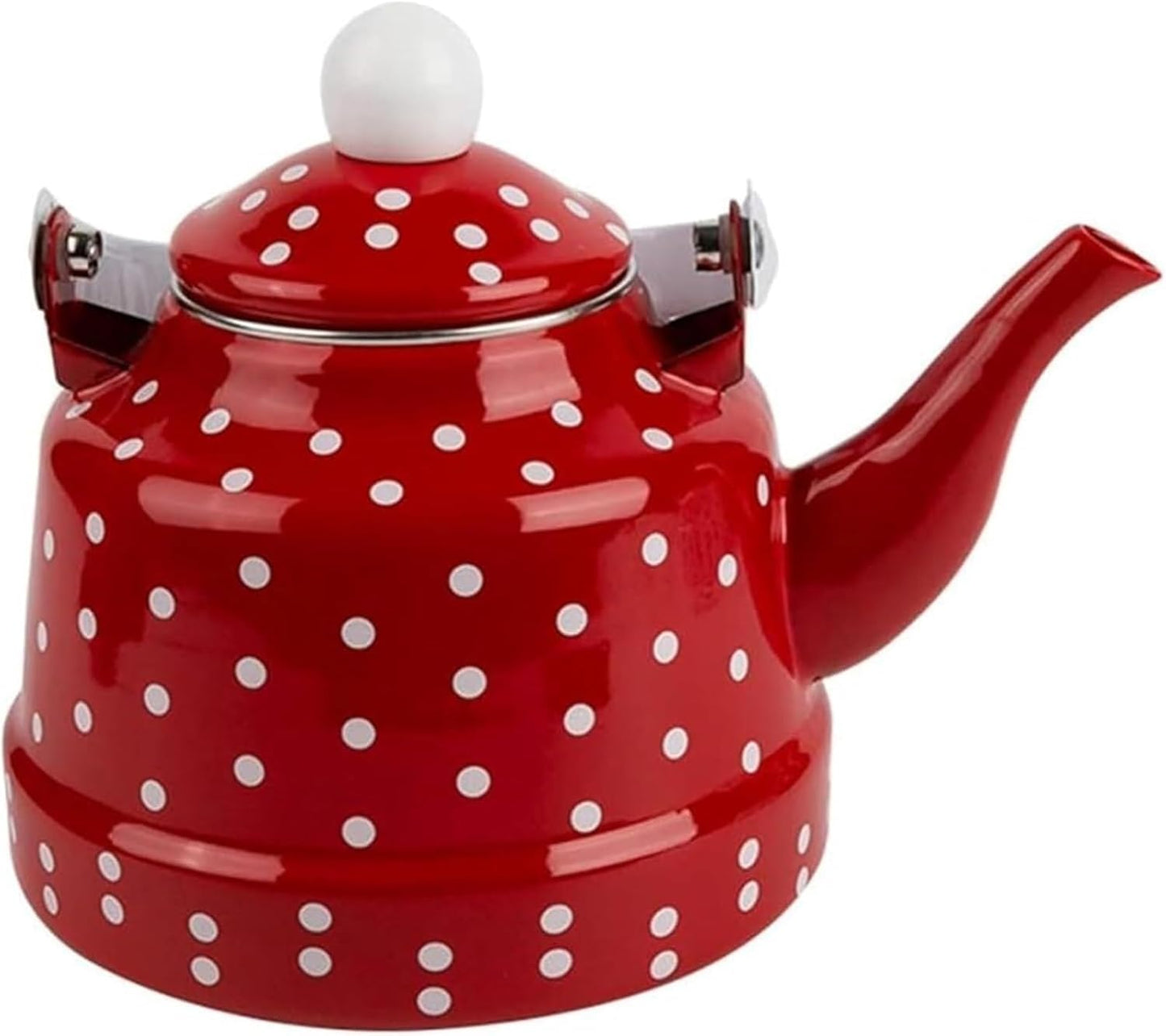 1.6L Retro Red Enamel Teakettle with White Polka Dots - Stylish Stovetop Kettle for Tea & Coffee Enthusiasts