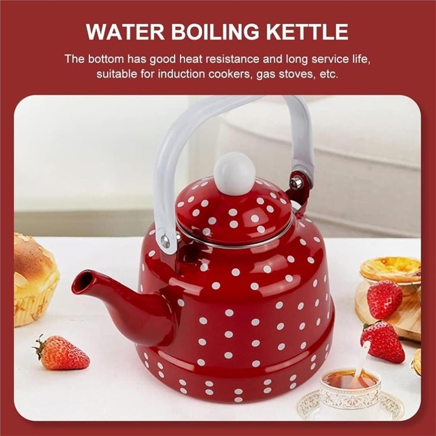 1.6L Retro Red Enamel Teakettle with White Polka Dots - Stylish Stovetop Kettle for Tea & Coffee Enthusiasts