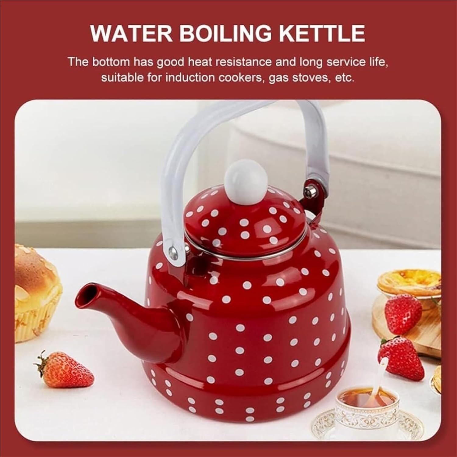 1.6L Retro Red Enamel Teakettle with White Polka Dots - Stylish Stovetop Kettle for Tea & Coffee Enthusiasts