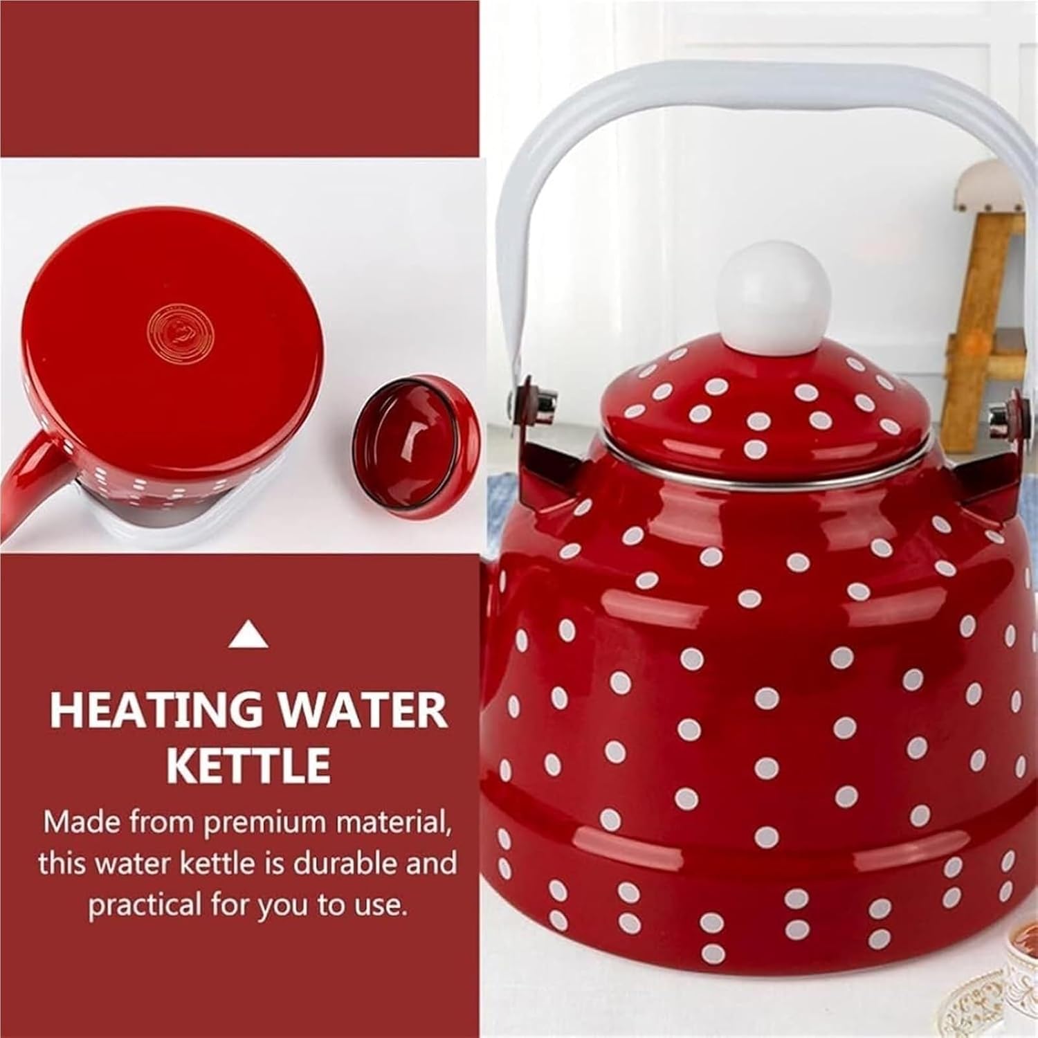 1.6L Retro Red Enamel Teakettle with White Polka Dots - Stylish Stovetop Kettle for Tea & Coffee Enthusiasts