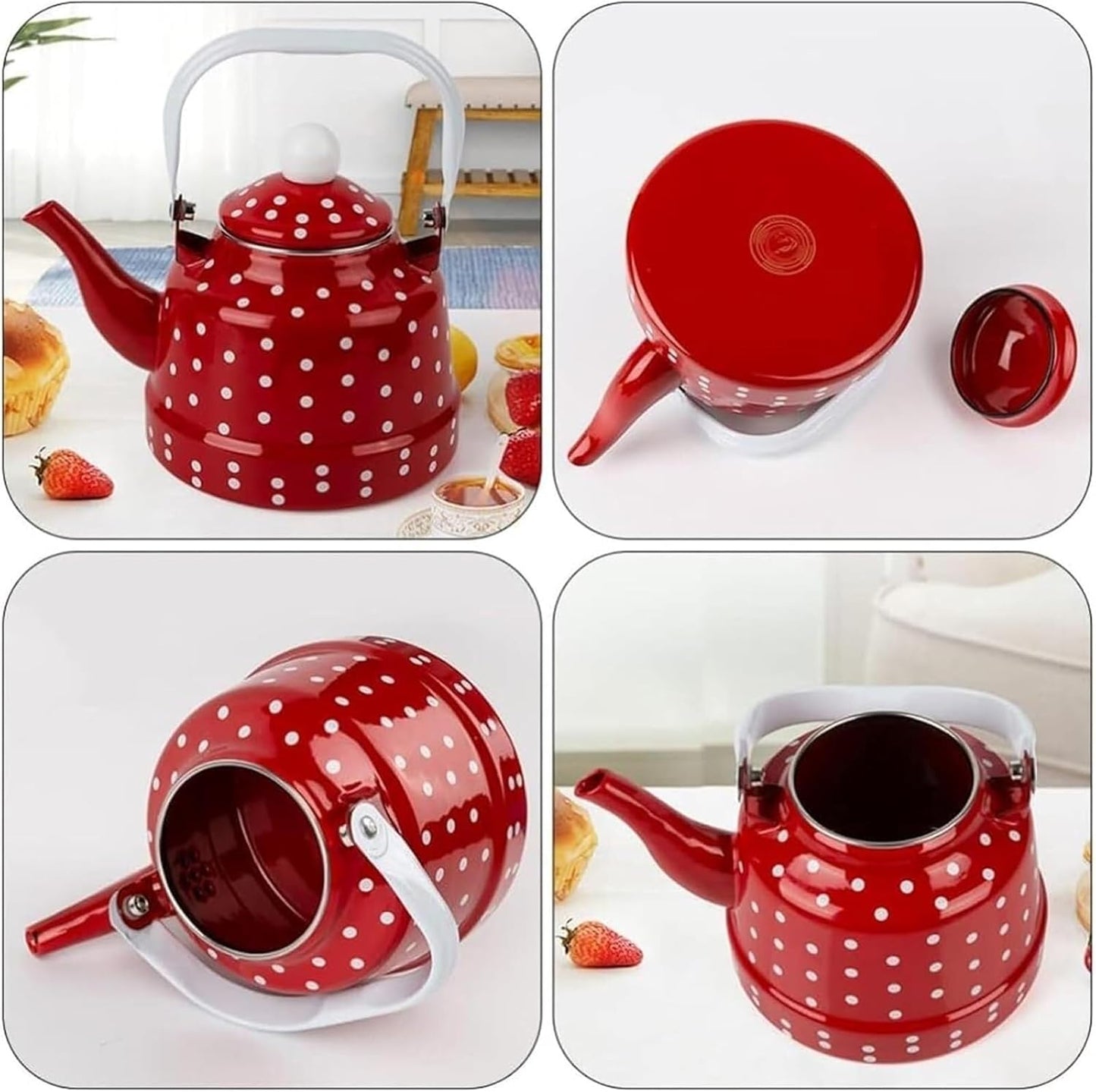 1.6L Retro Red Enamel Teakettle with White Polka Dots - Stylish Stovetop Kettle for Tea & Coffee Enthusiasts