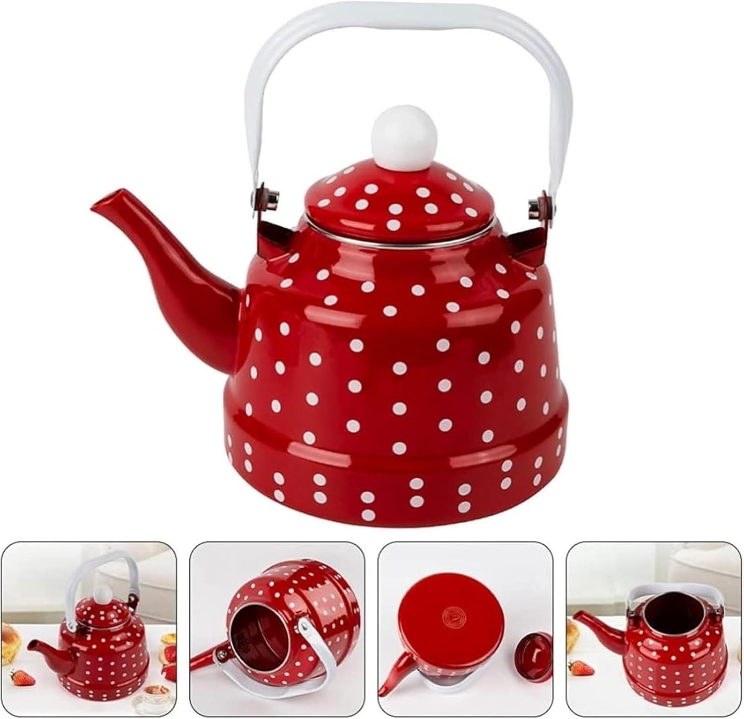 1.6L Retro Red Enamel Teakettle with White Polka Dots - Stylish Stovetop Kettle for Tea & Coffee Enthusiasts
