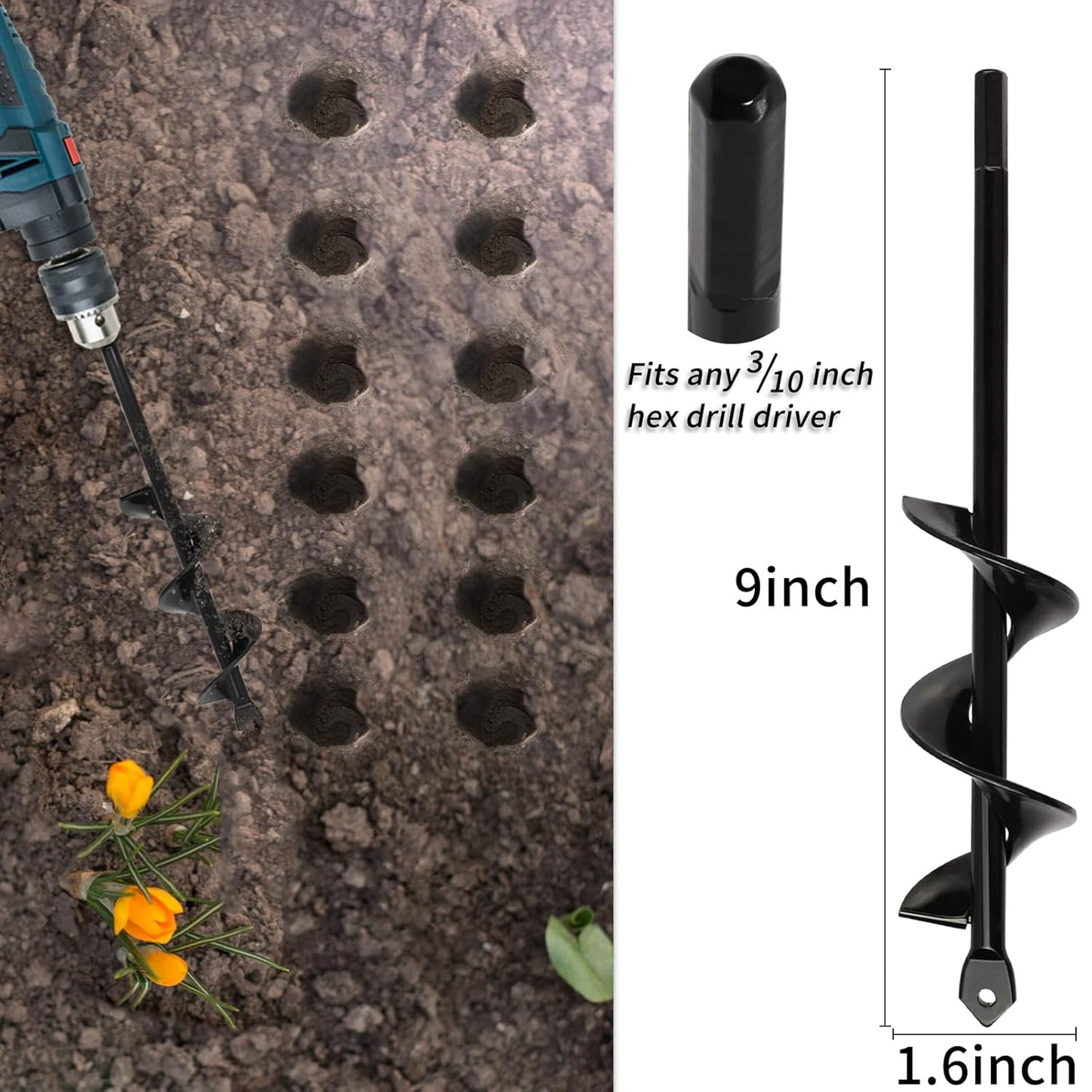1.6x9 Inch Garden Auger Drill Bit for Planting Bulbs & Plants with 3/8" Hex Drive Drill - Ideal Tool for Tulips & Bedding Plants