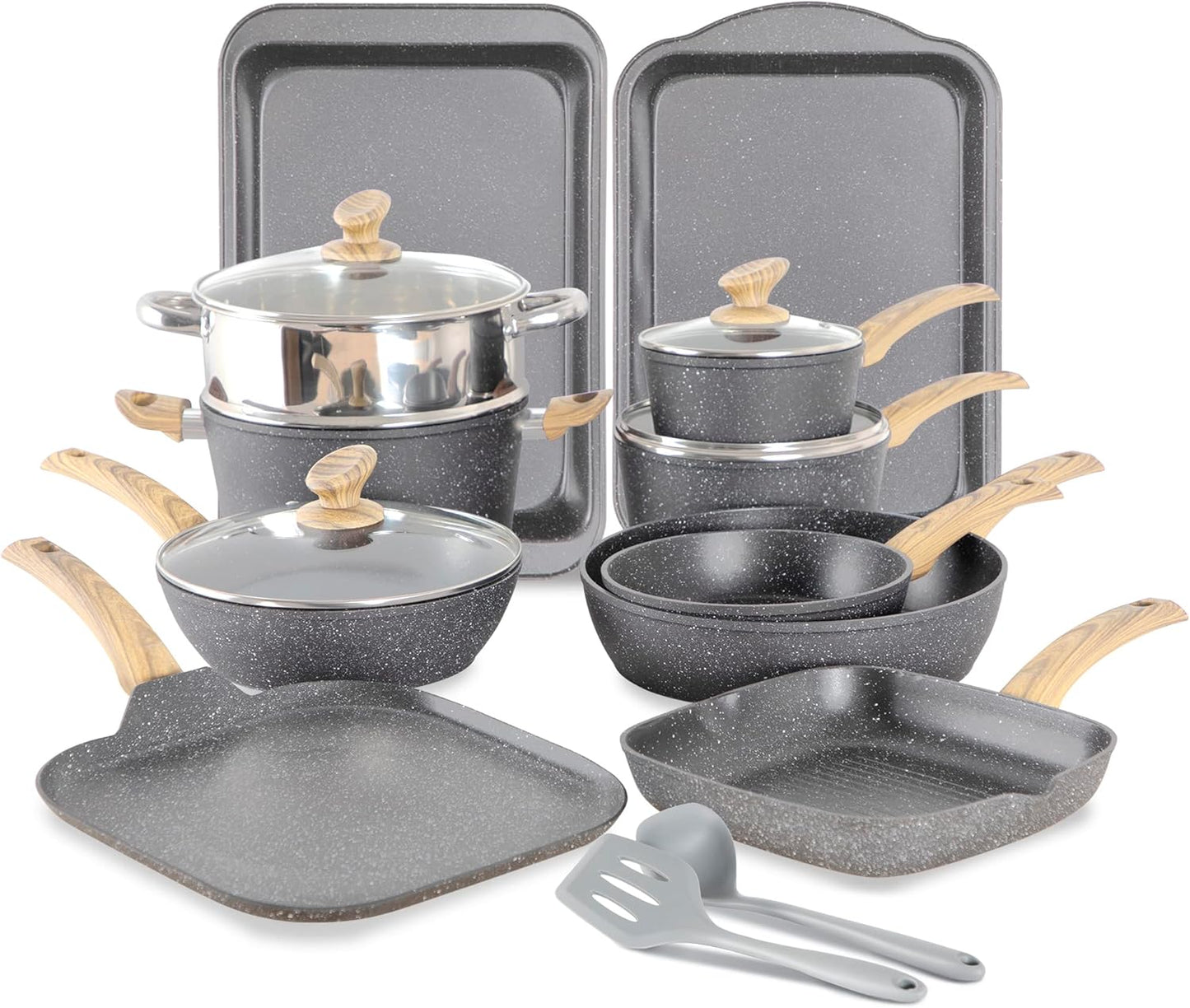 17 Piece Non Stick Pots and Pans Set with Granite Stone Coating for Induction Cooktops in Grey - MAISON ARTS