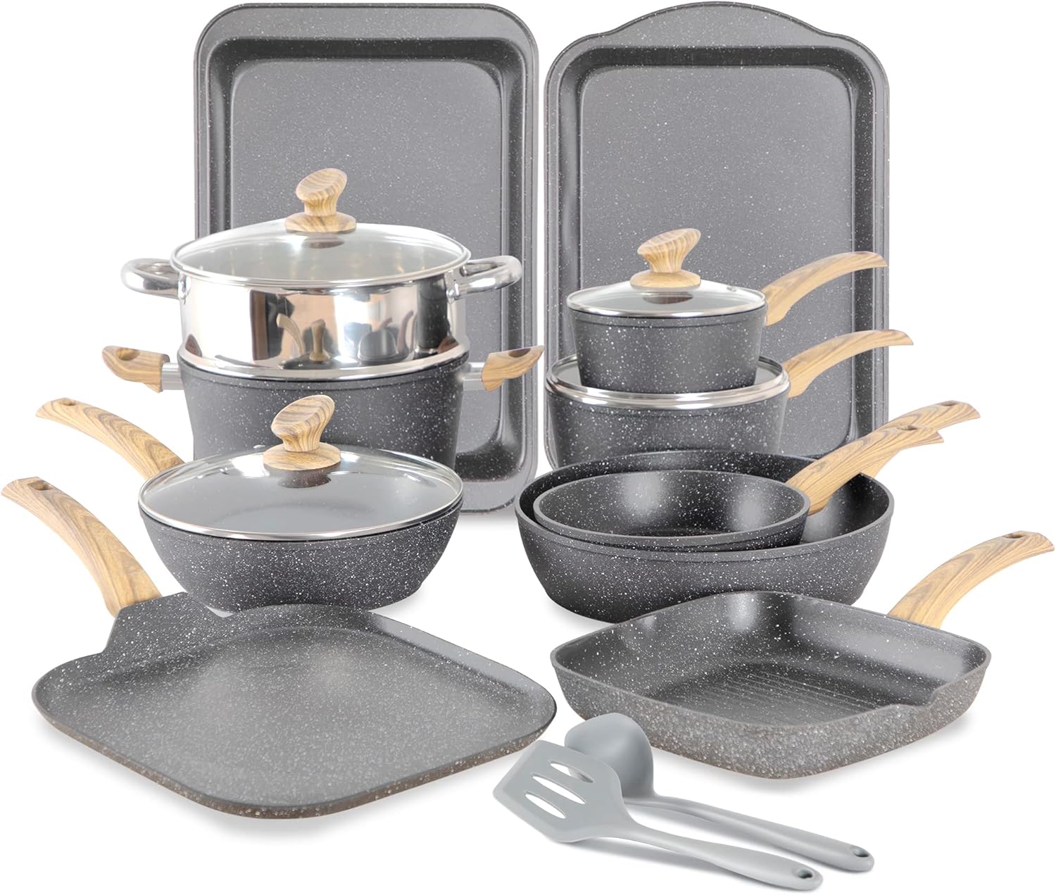 17 Piece Non Stick Pots and Pans Set with Granite Stone Coating for Induction Cooktops in Grey - MAISON ARTS